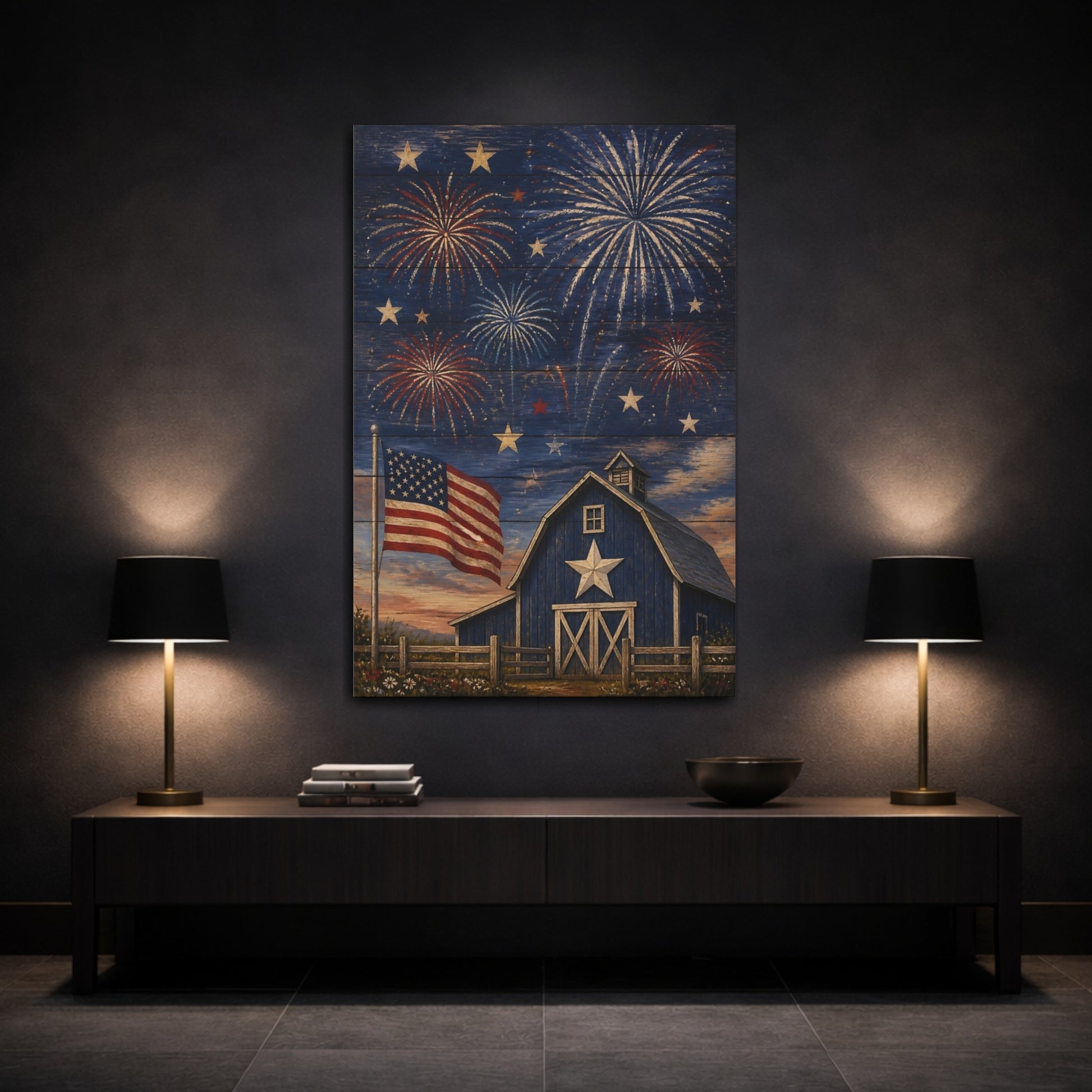 Mockup 3. Blue Barn Fireworks shown as canvas print