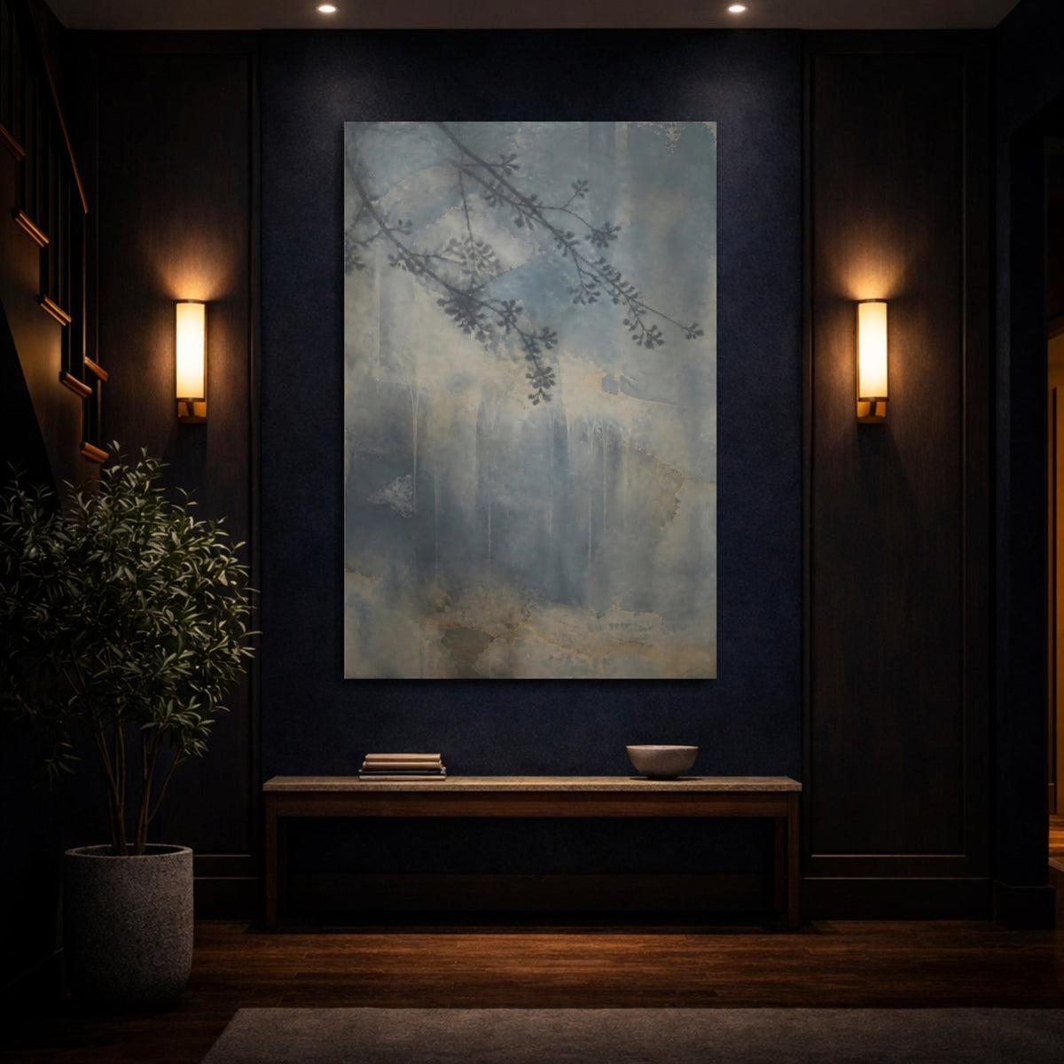 Blue Branch Shadow Study Canvas Print – Living Room, Above Console Table - YesArtYes