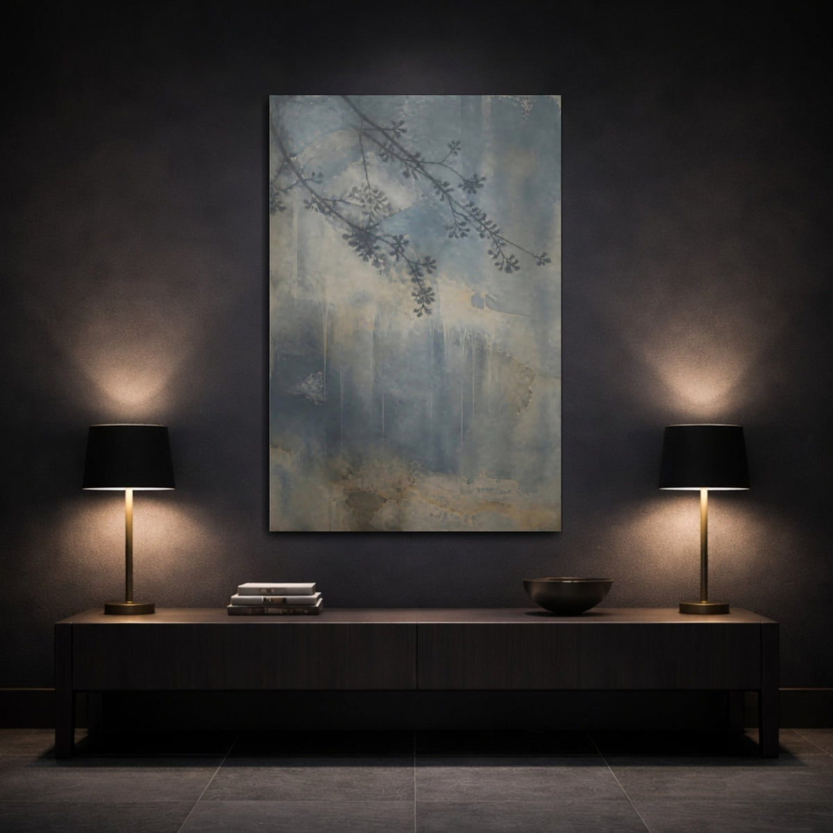 Blue Branch Shadow Study Canvas Print – Living Room, Above Console Table - YesArtYes