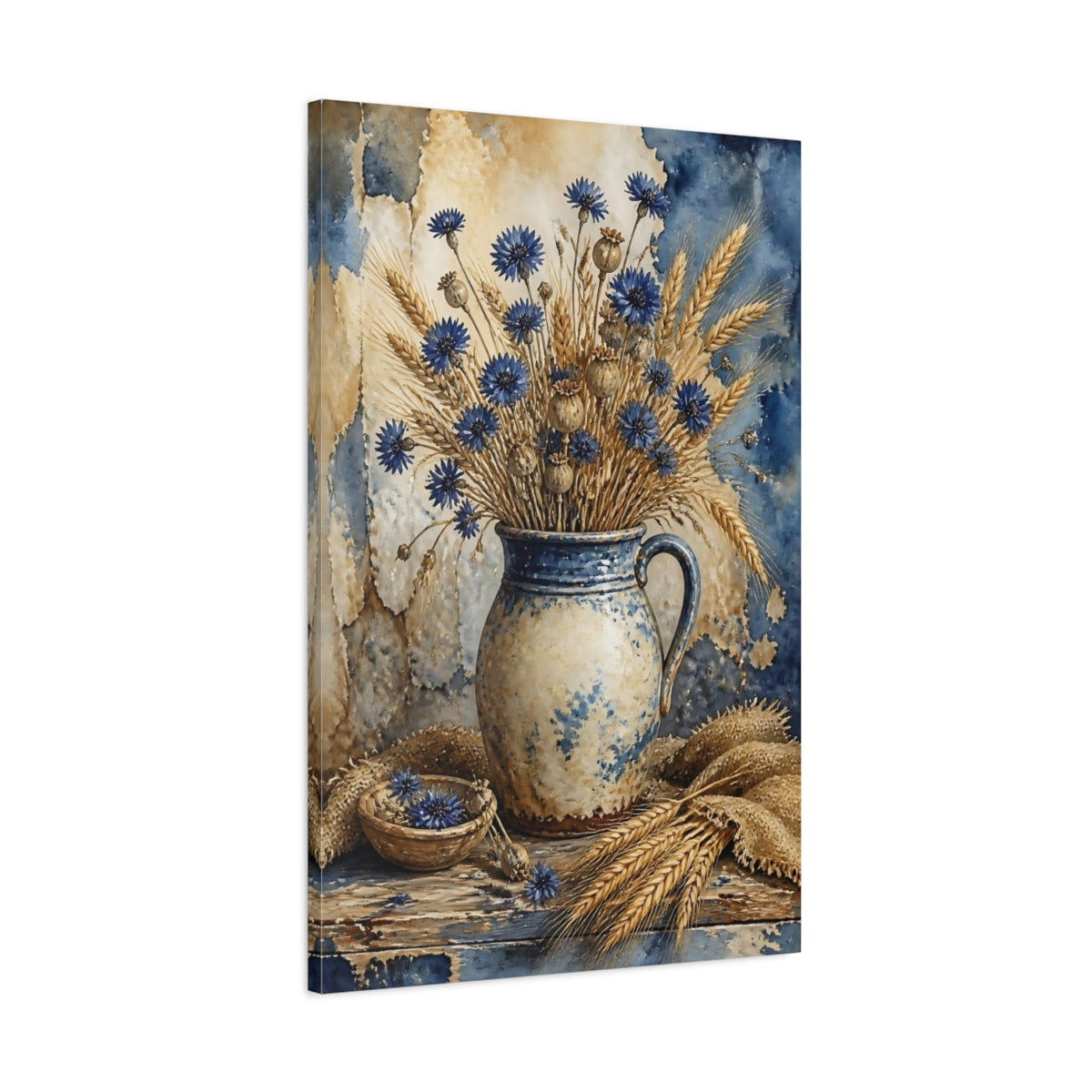 Main Mockup. Blue Cornflower Vase Bouquet shown as canvas print