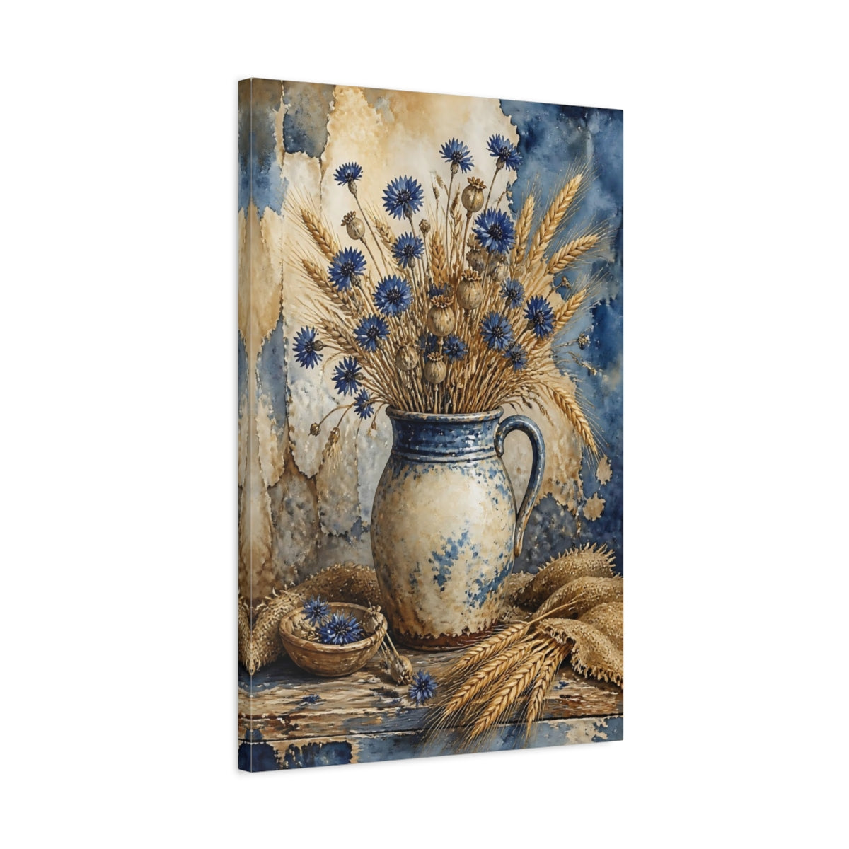 Side Mockup 2. Blue Cornflower Vase Bouquet shown as canvas print