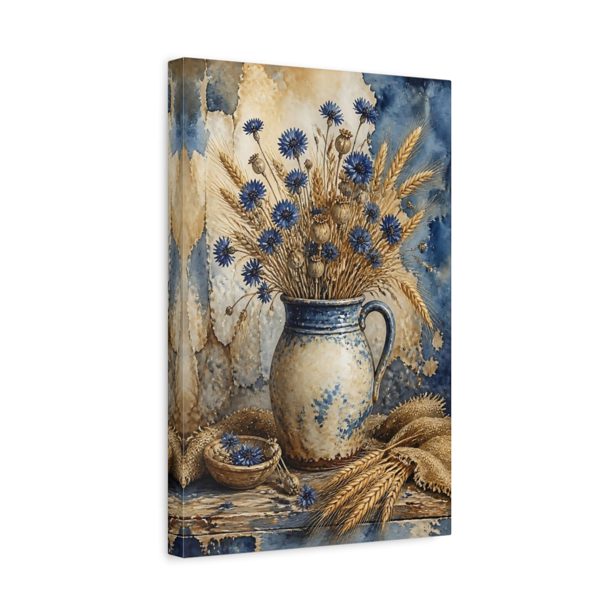 Side Mockup 4. Blue Cornflower Vase Bouquet shown as canvas print