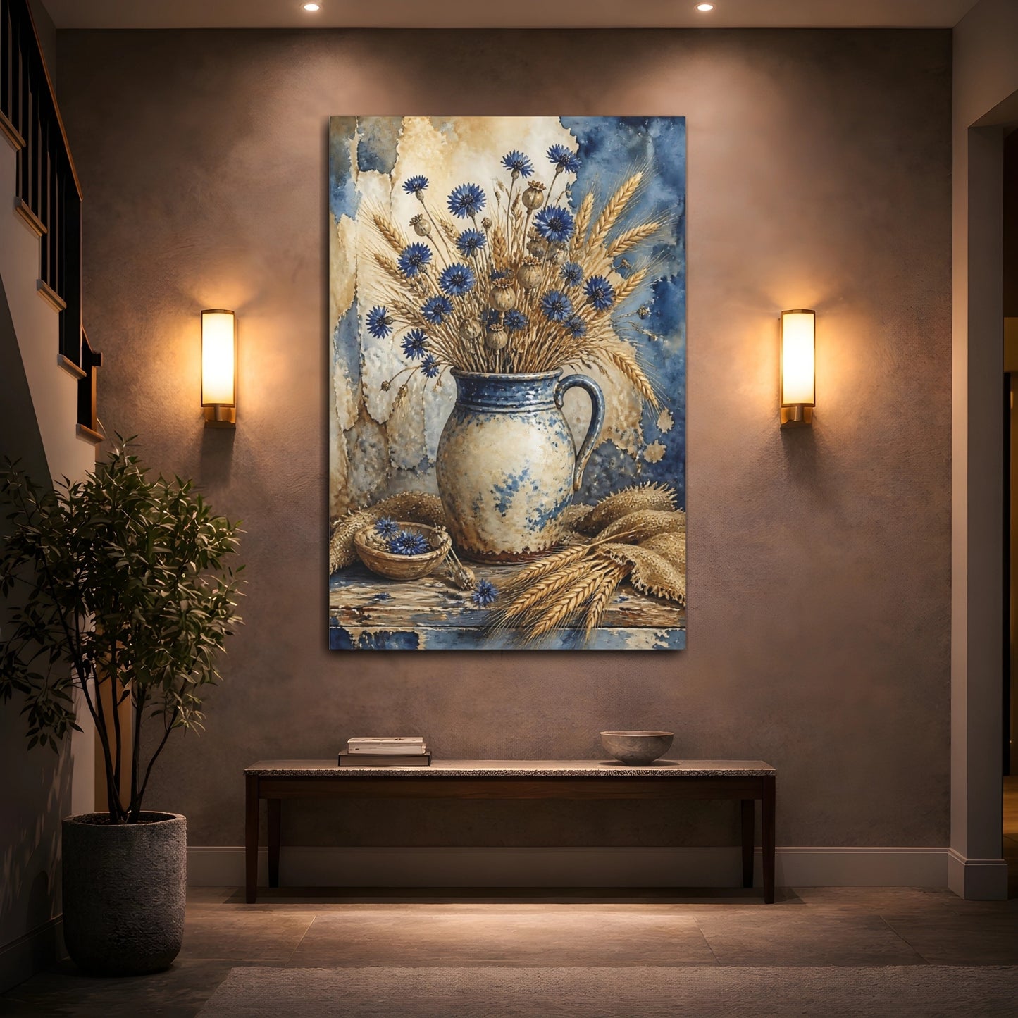 Mockup 2. Blue Cornflower Vase Bouquet shown as canvas print