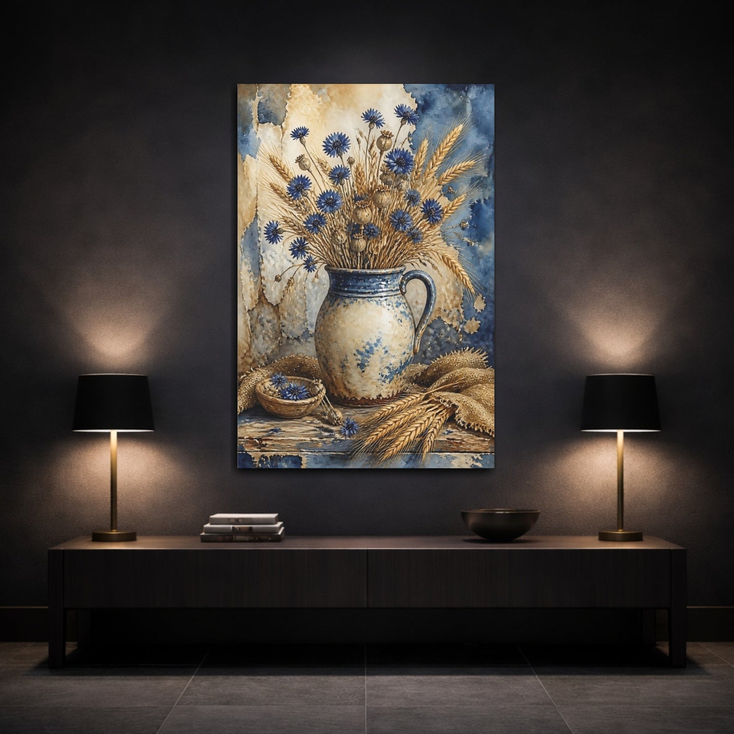 Mockup 3. Blue Cornflower Vase Bouquet shown as canvas print