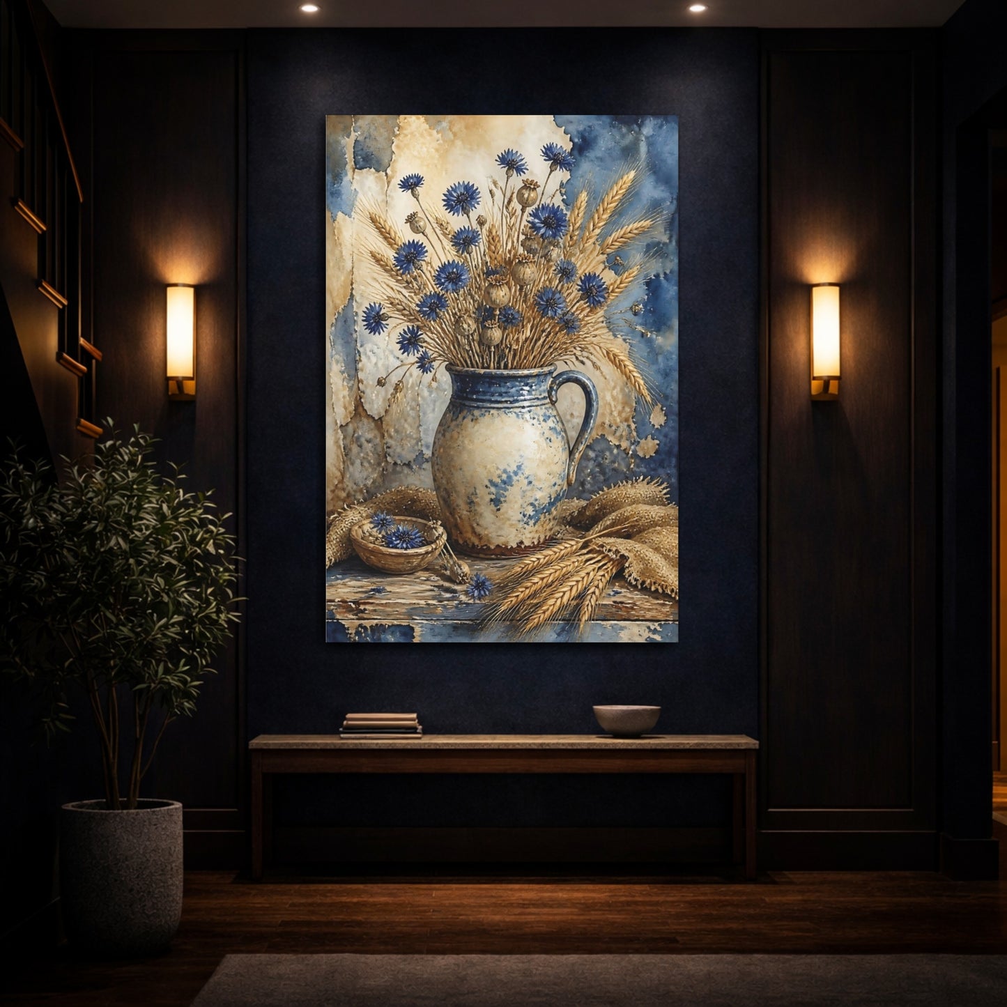 Mockup 4. Blue Cornflower Vase Bouquet shown as canvas print