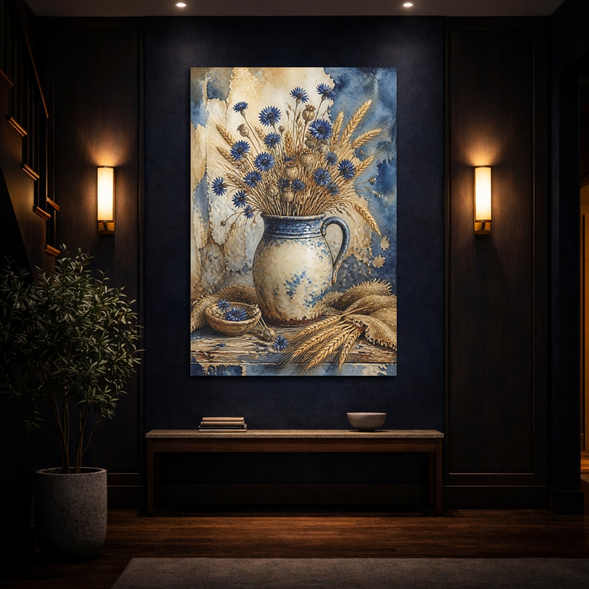 Mockup 4. Blue Cornflower Vase Bouquet shown as canvas print