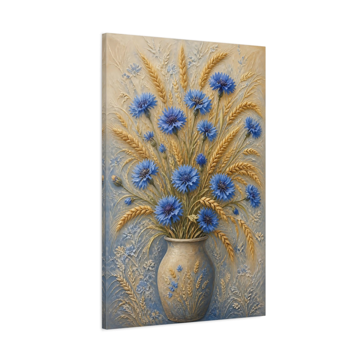 Main Mockup. Blue Cornflower Wheat Flowers shown as canvas print