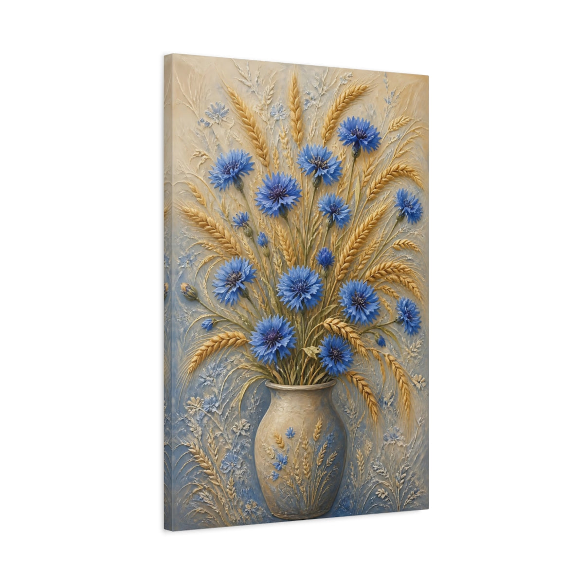 Side Mockup 2. Blue Cornflower Wheat Flowers shown as canvas print