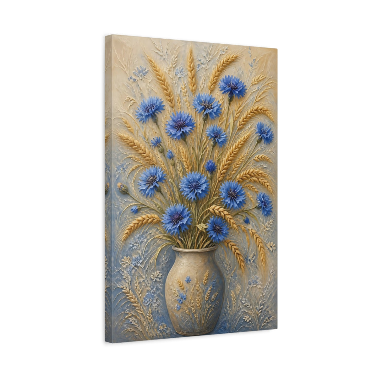 Side Mockup 3. Blue Cornflower Wheat Flowers shown as canvas print