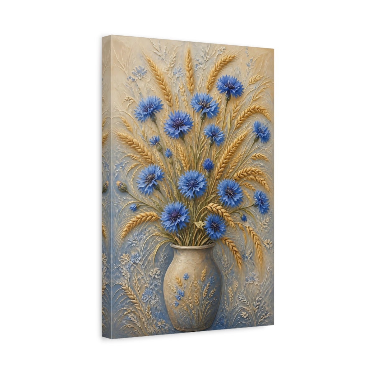 Side Mockup 4. Blue Cornflower Wheat Flowers shown as canvas print