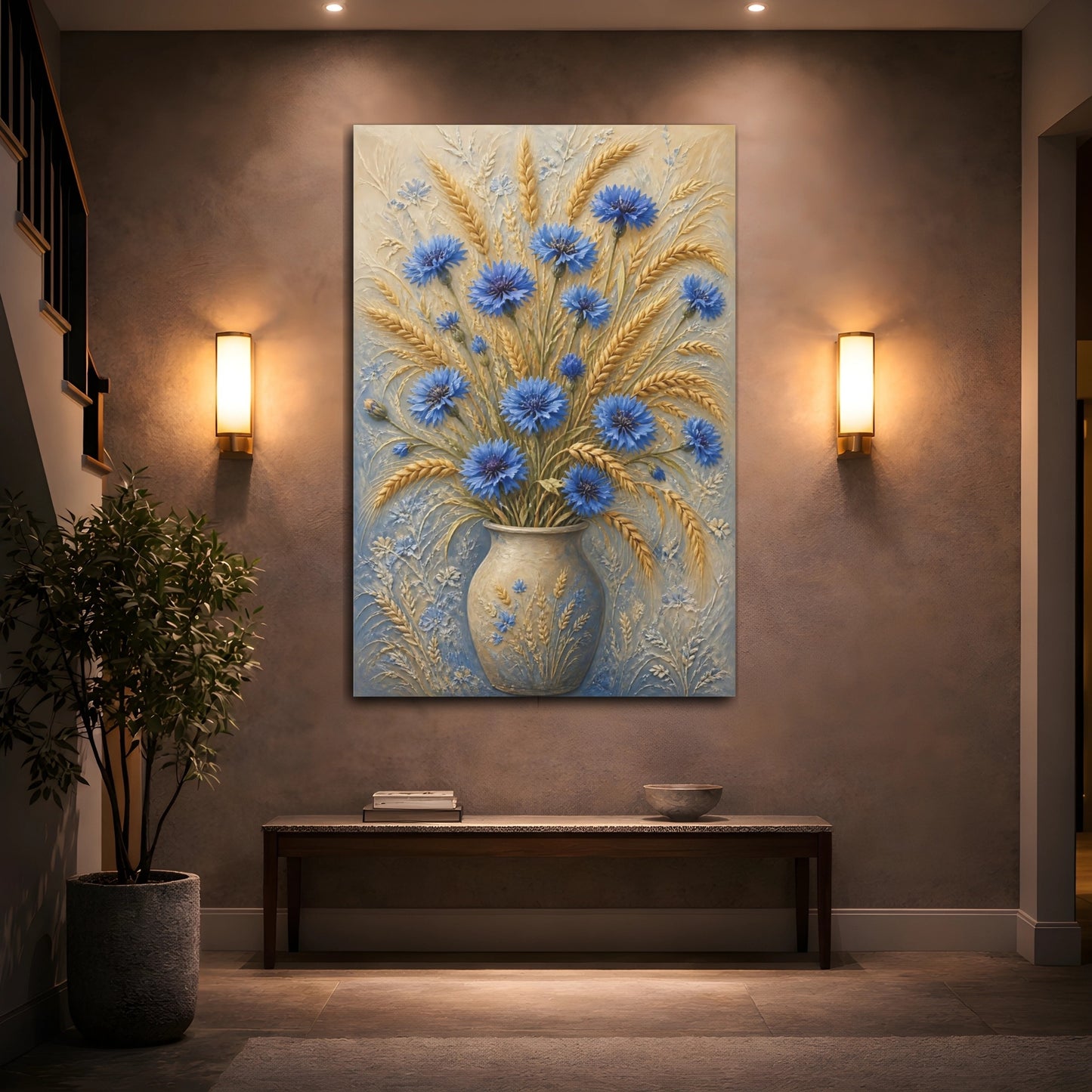 Mockup 2. Blue Cornflower Wheat Flowers shown as canvas print