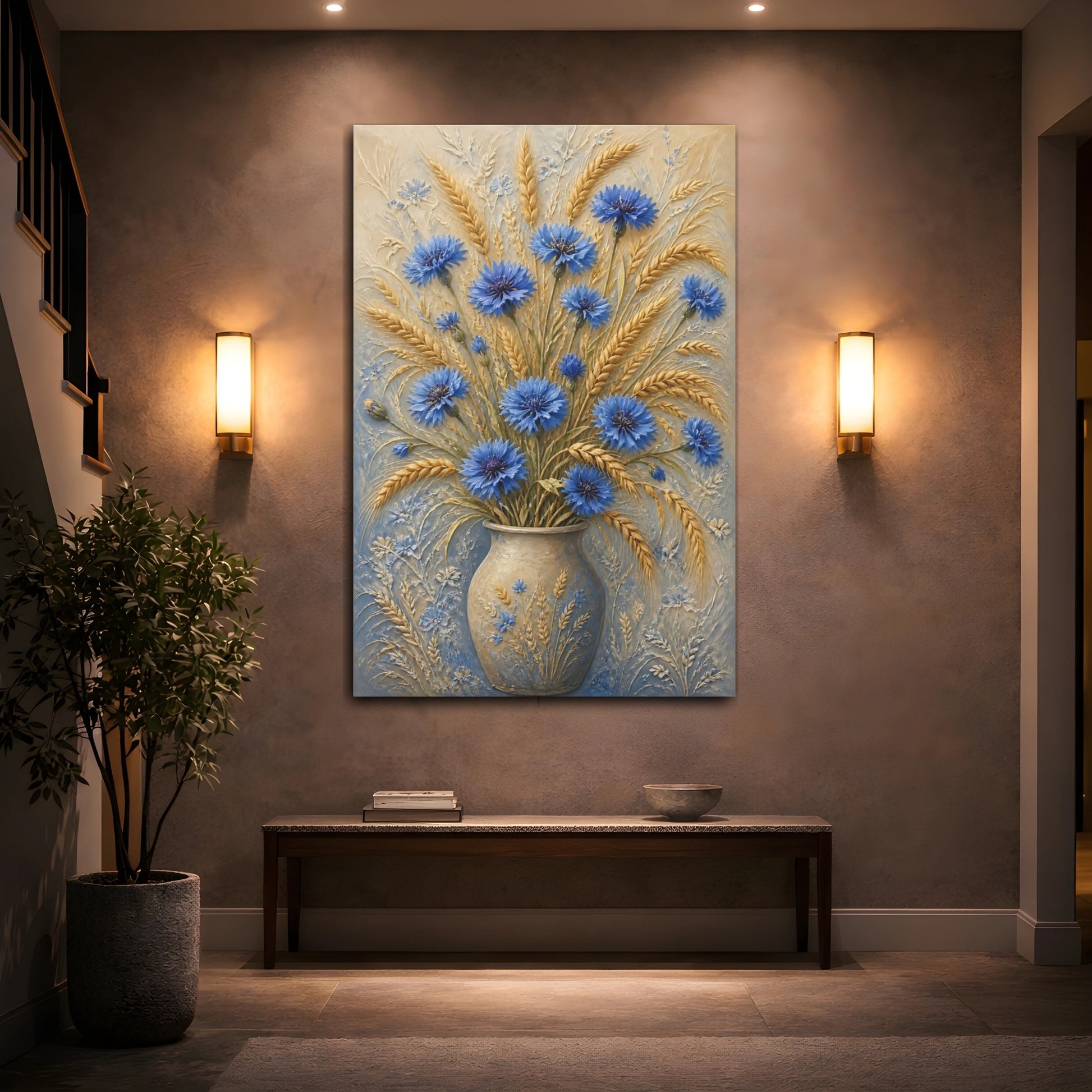 Mockup 2. Blue Cornflower Wheat Flowers shown as canvas print