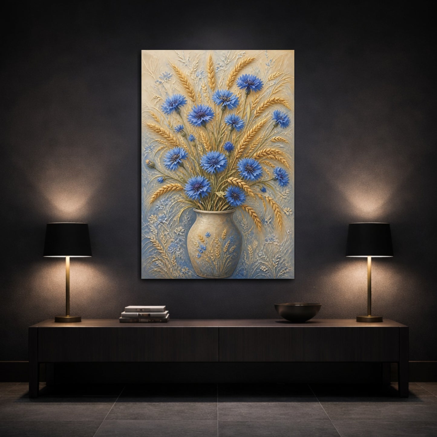 Mockup 3. Blue Cornflower Wheat Flowers shown as canvas print