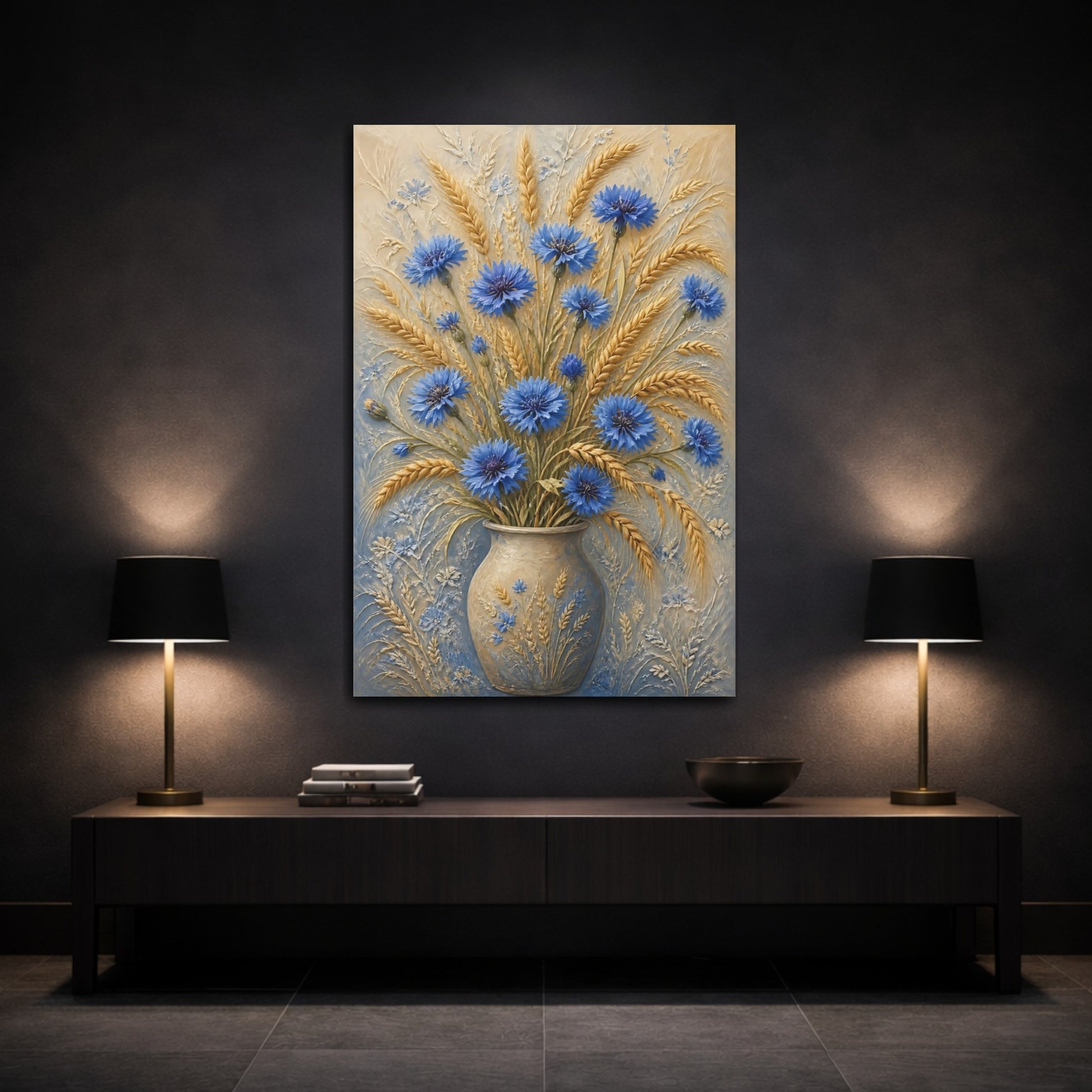 Mockup 3. Blue Cornflower Wheat Flowers shown as canvas print