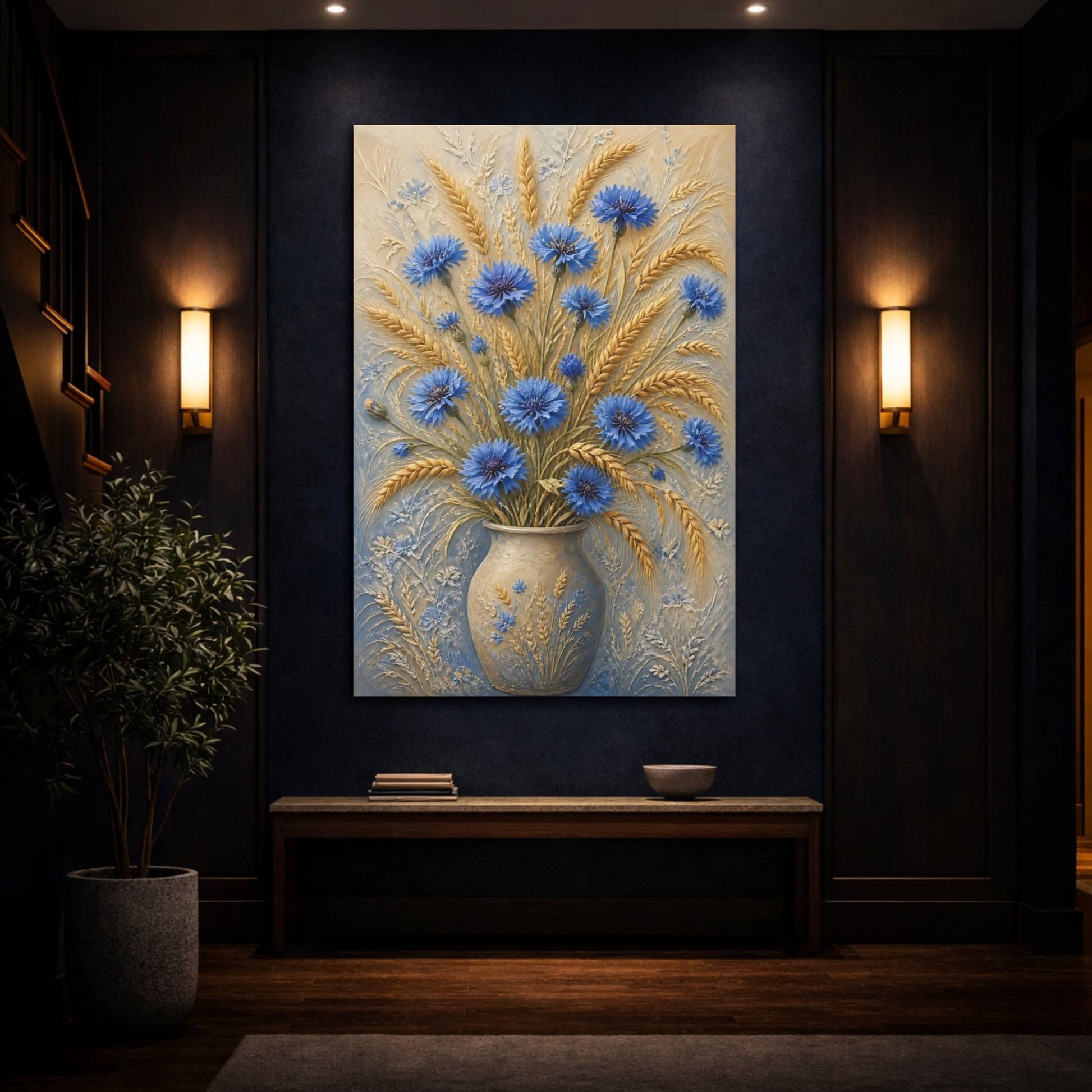 Mockup 4. Blue Cornflower Wheat Flowers shown as canvas print