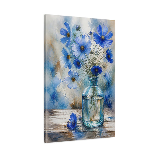 Main Mockup. Blue Cosmos In Glass Bottle shown as canvas print