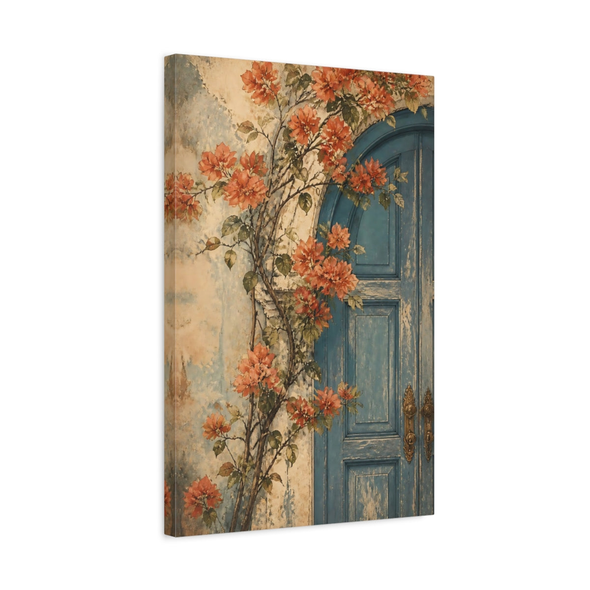 Side Mockup 3. Blue Door With Flowers shown as canvas print
