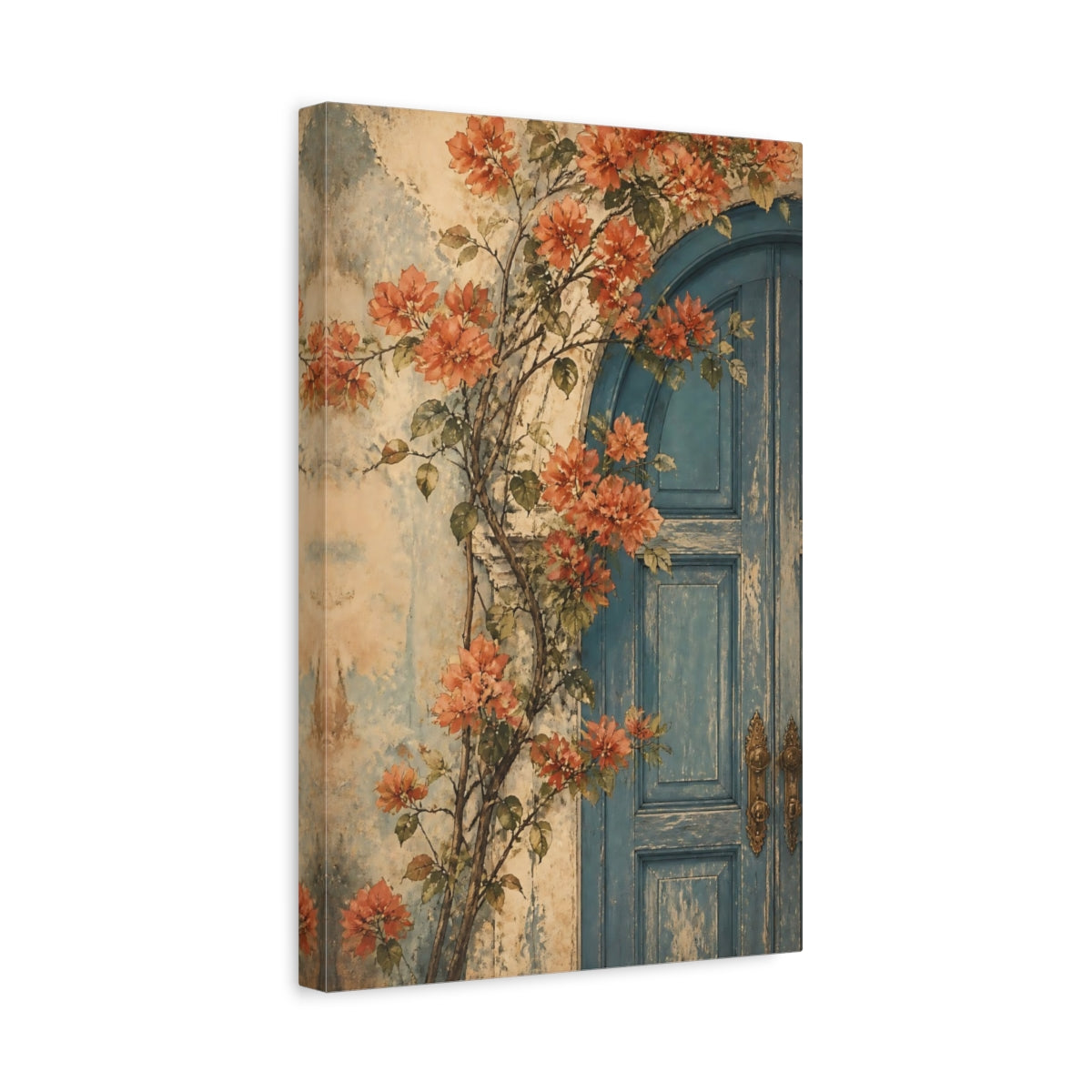 Side Mockup 4. Blue Door With Flowers shown as canvas print