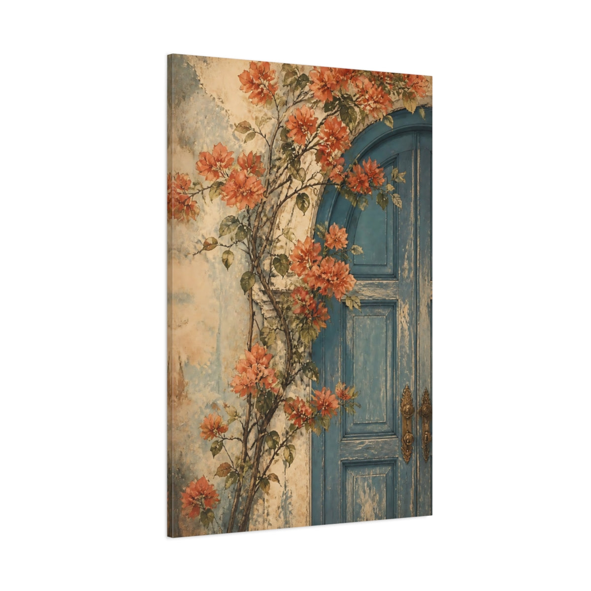 Side Mockup 1. Blue Door With Flowers shown as canvas print
