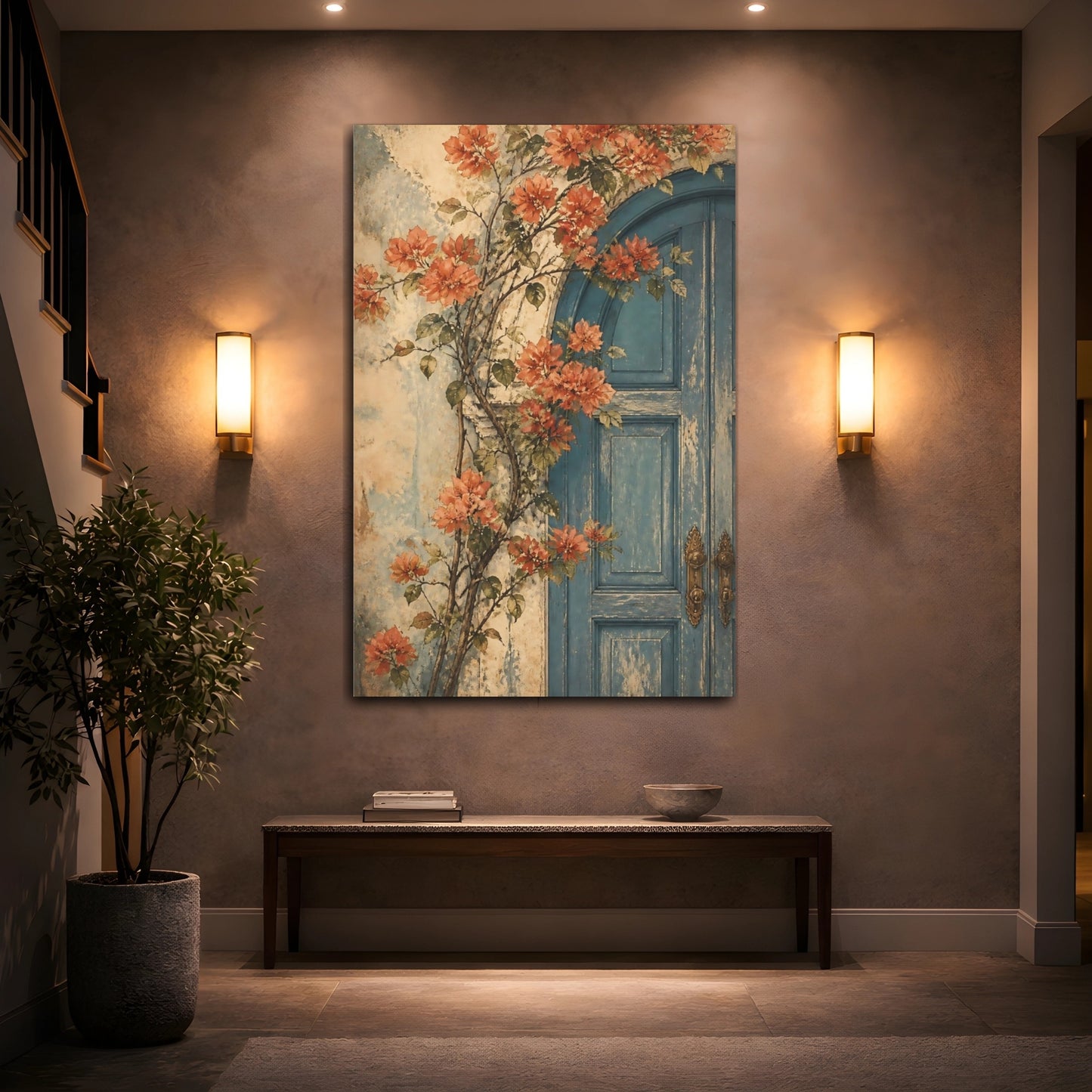 Mockup 2. Blue Door With Flowers shown as canvas print