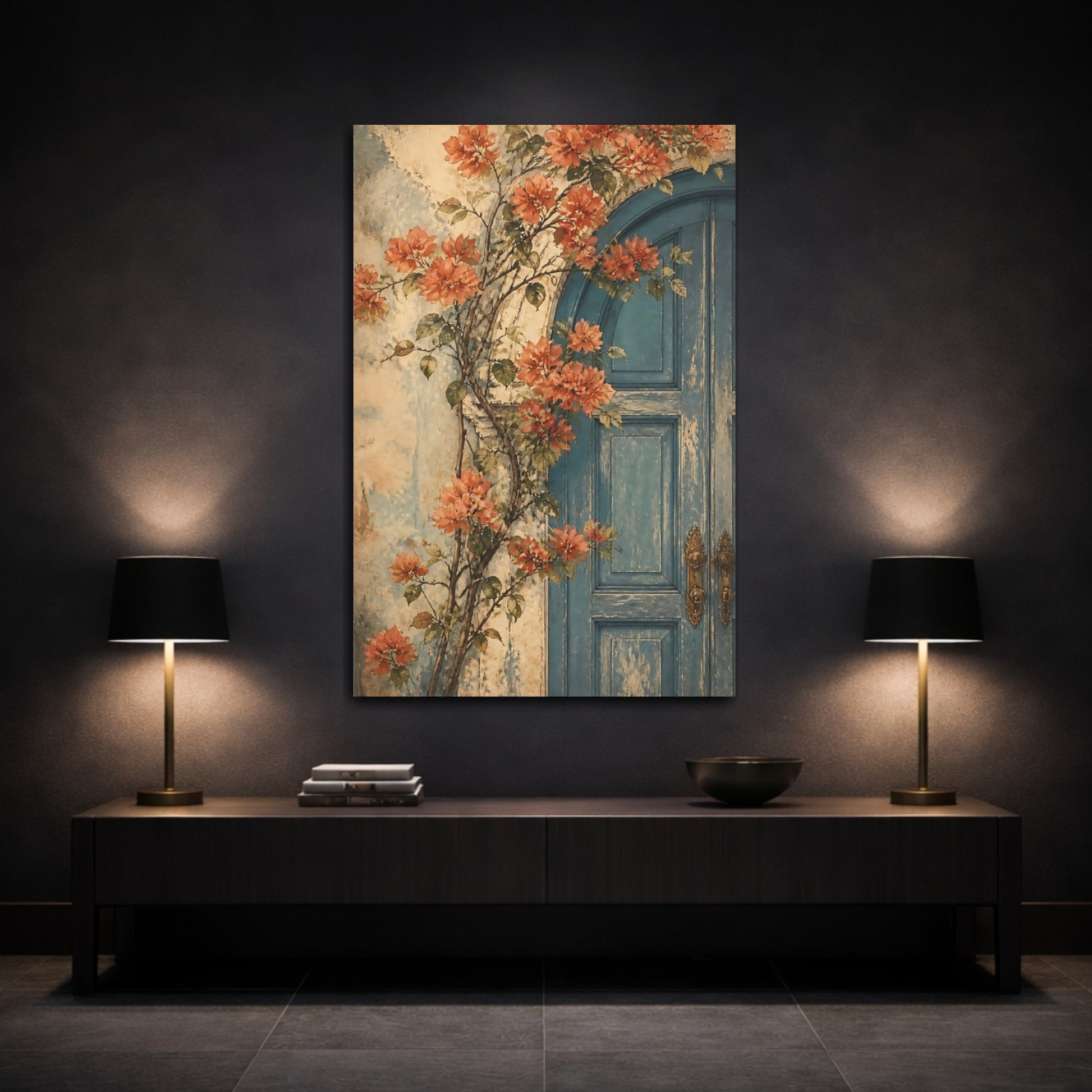 Mockup 3. Blue Door With Flowers shown as canvas print