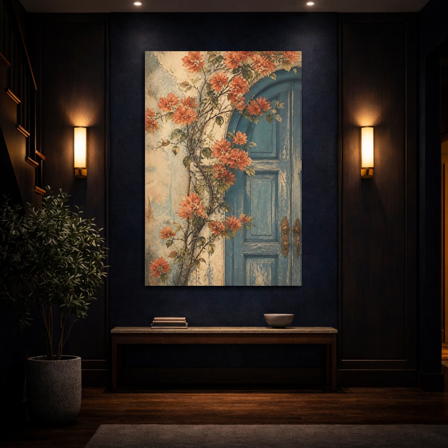 Mockup 4. Blue Door With Flowers shown as canvas print
