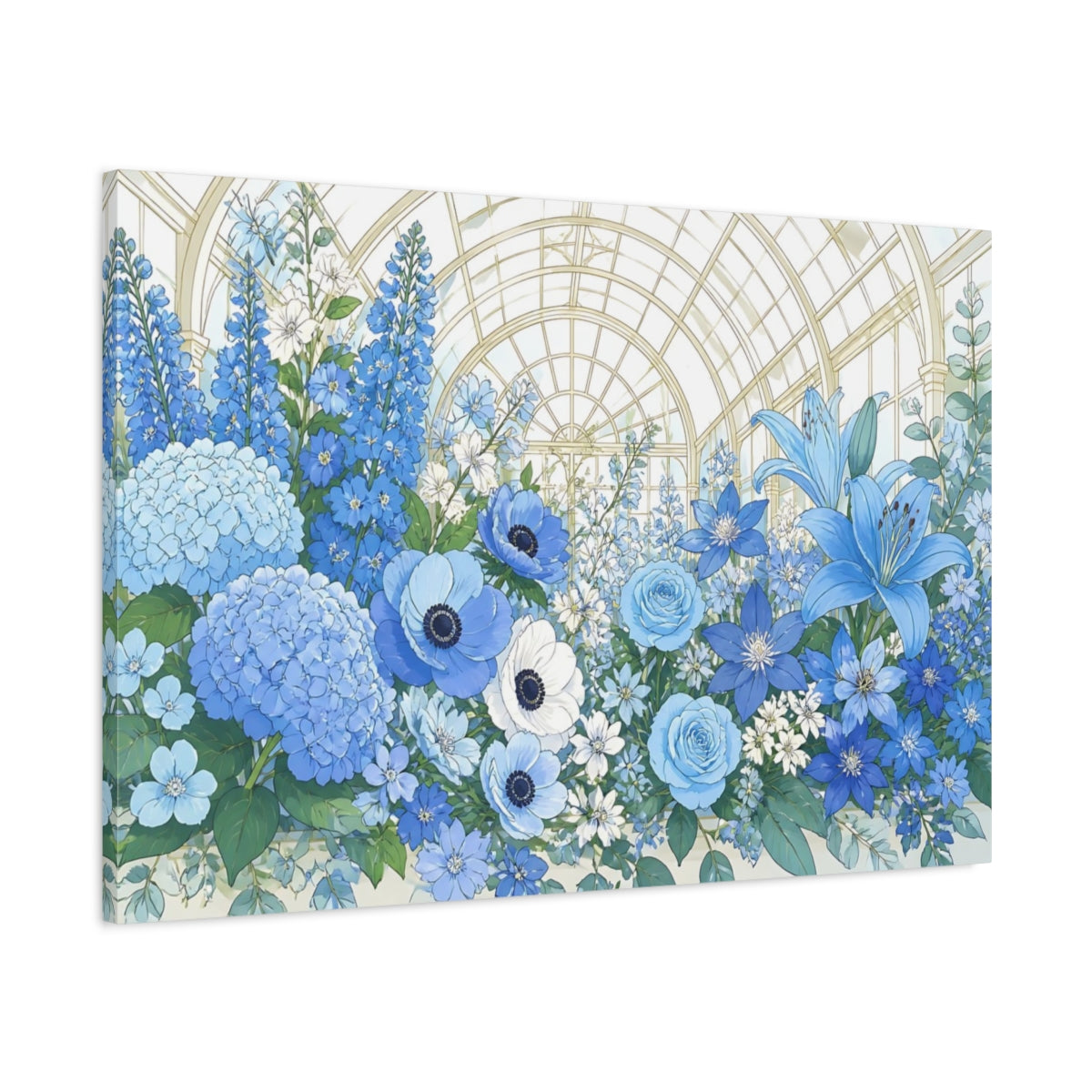 Main Mockup. Blue Floral Conservatory shown as canvas print