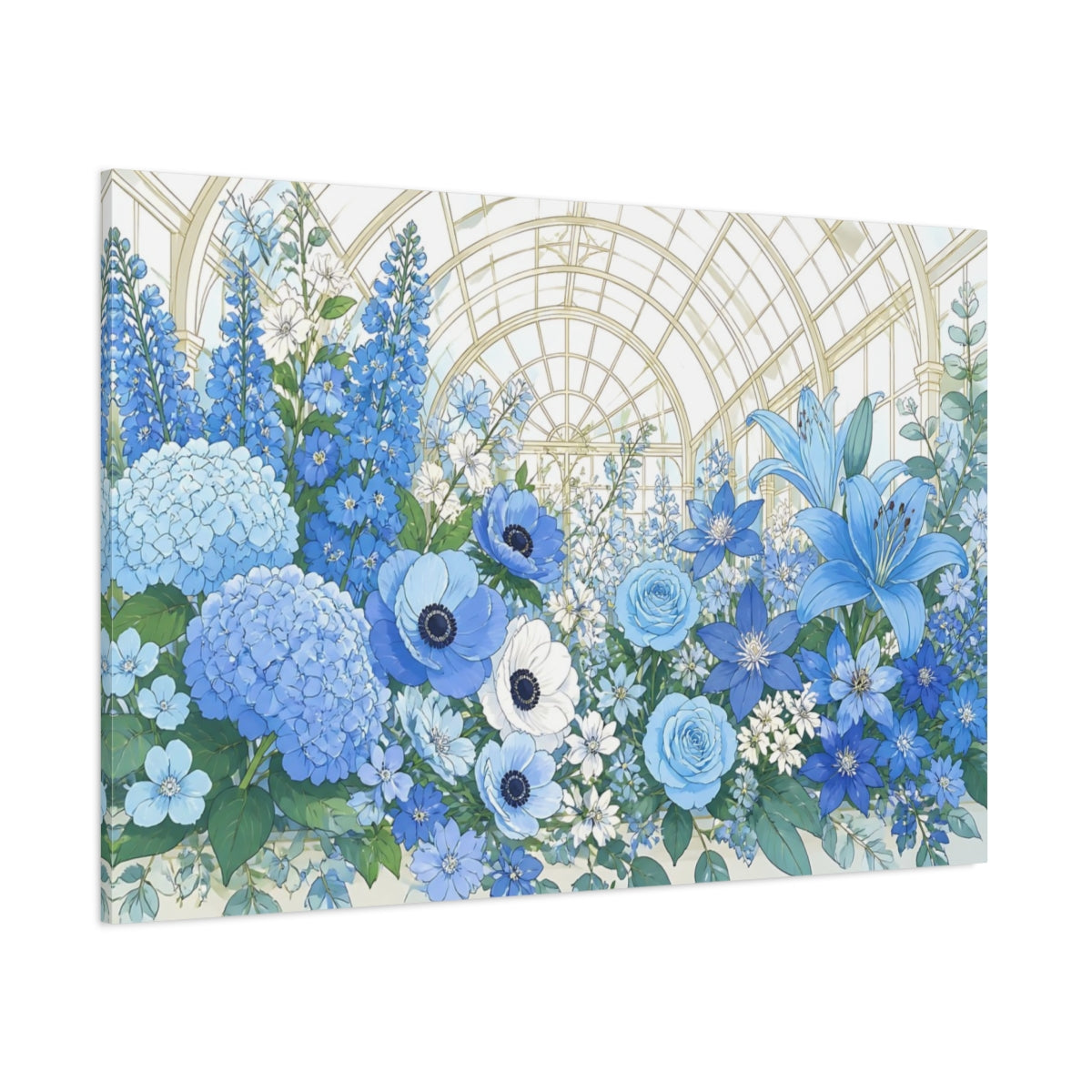 Side Mockup 1. Blue Floral Conservatory shown as canvas print