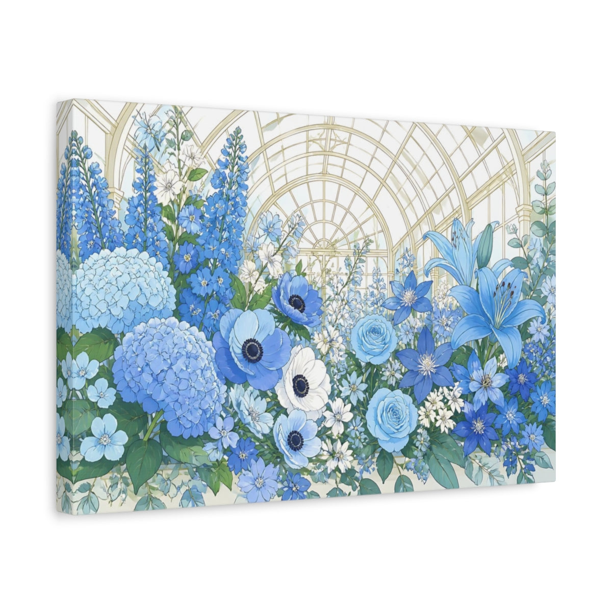 Side Mockup 4. Blue Floral Conservatory shown as canvas print