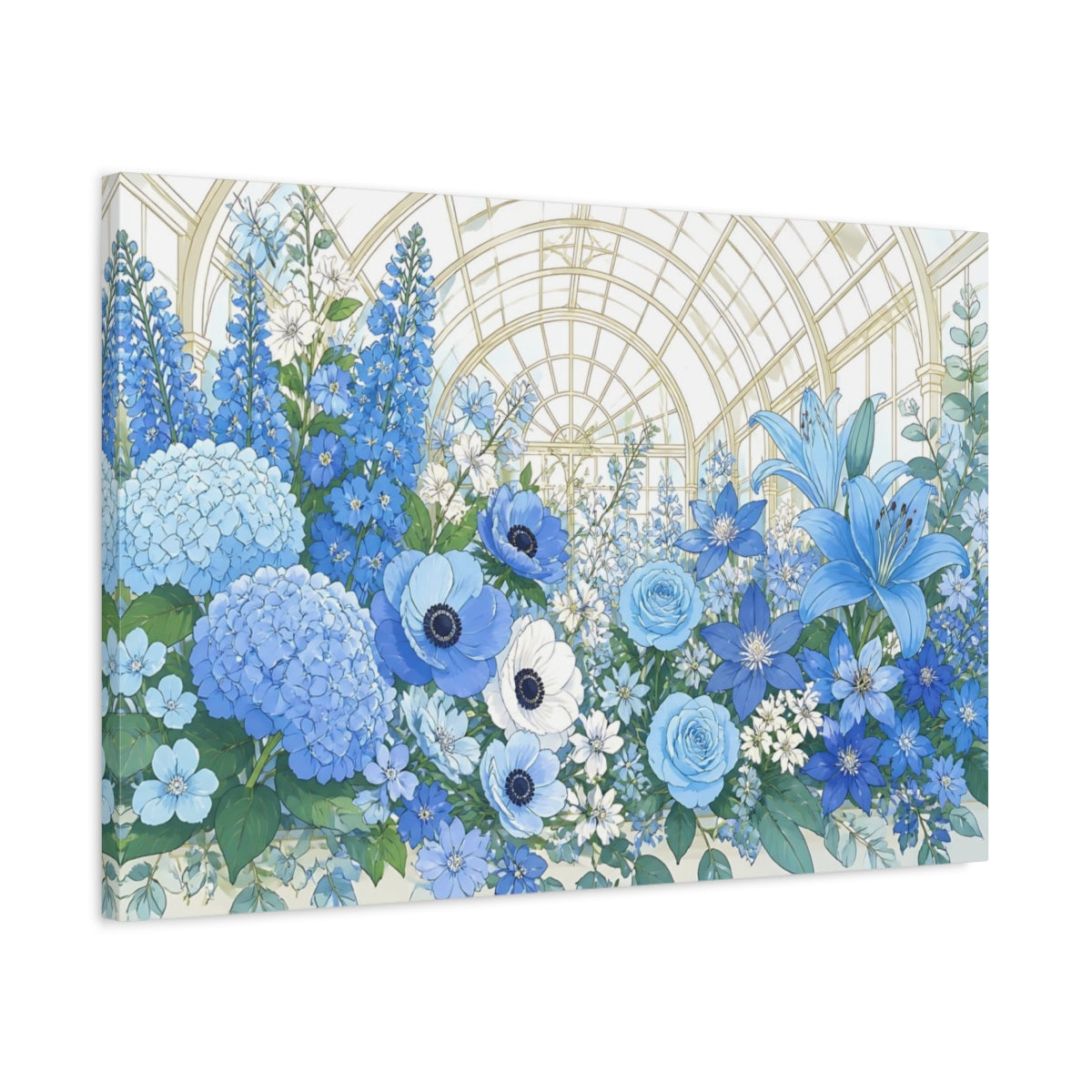 Side Mockup 2. Blue Floral Conservatory shown as canvas print