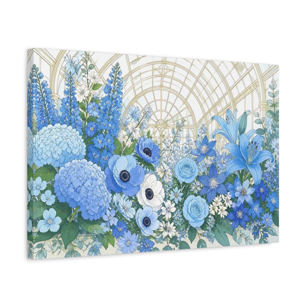 Side Mockup 3. Blue Floral Conservatory shown as canvas print