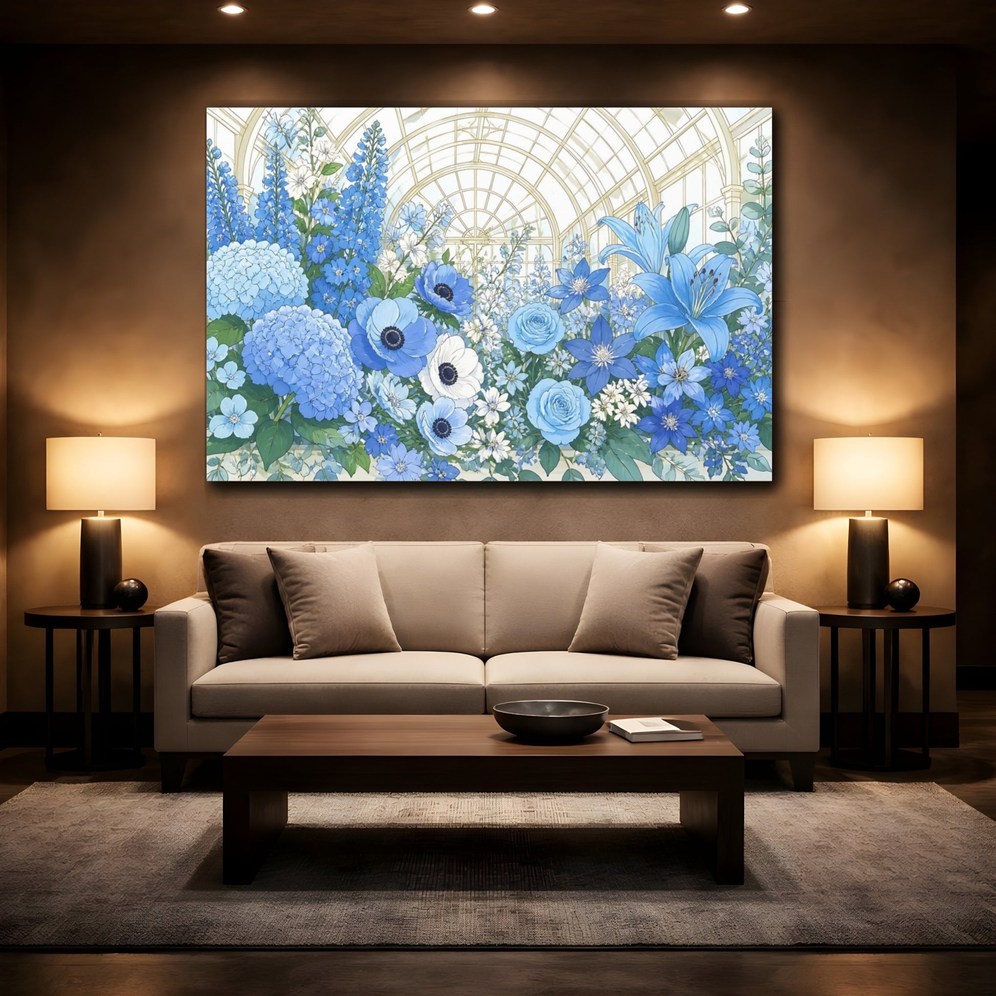 Mockup 2. Blue Floral Conservatory shown as canvas print