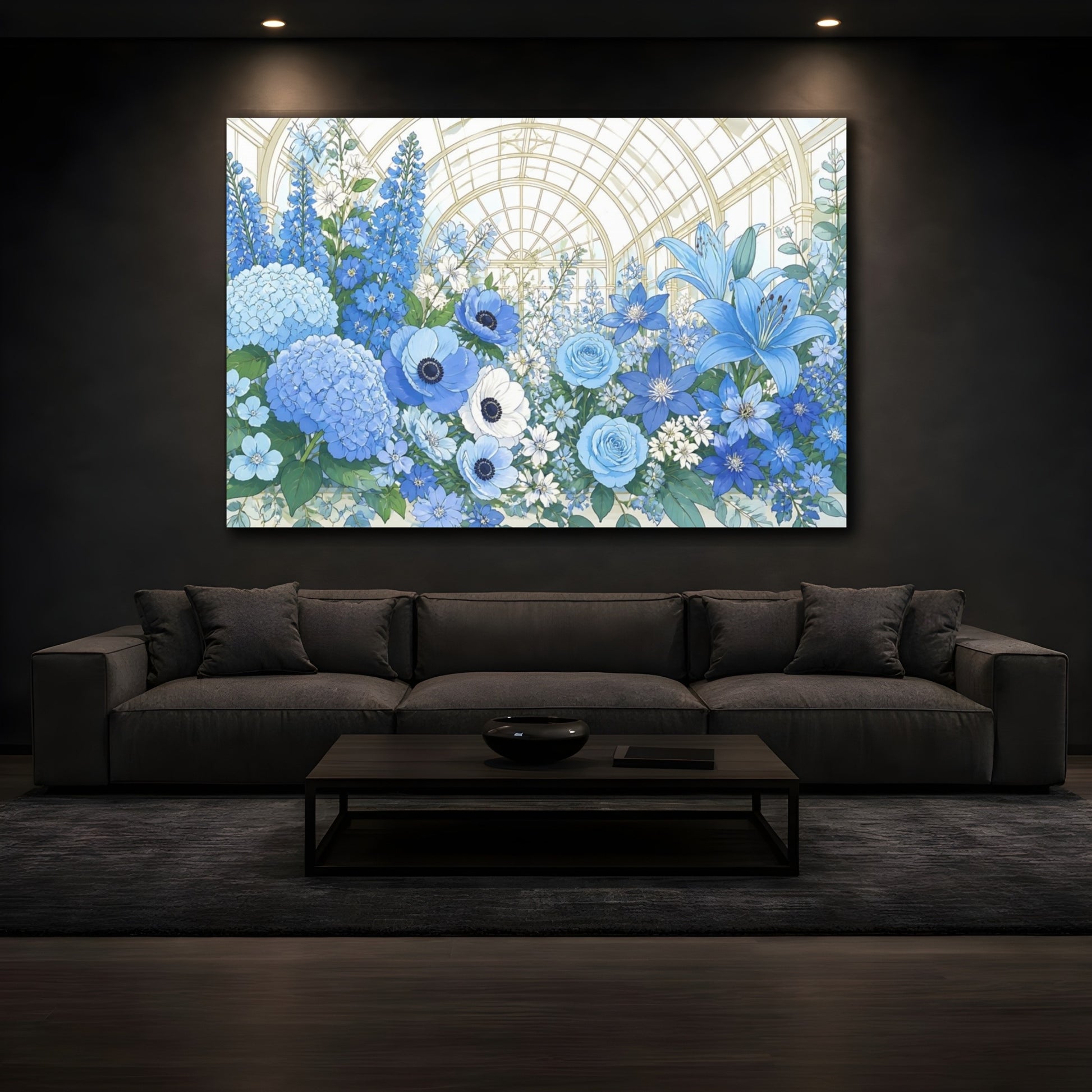 Mockup 3. Blue Floral Conservatory shown as canvas print