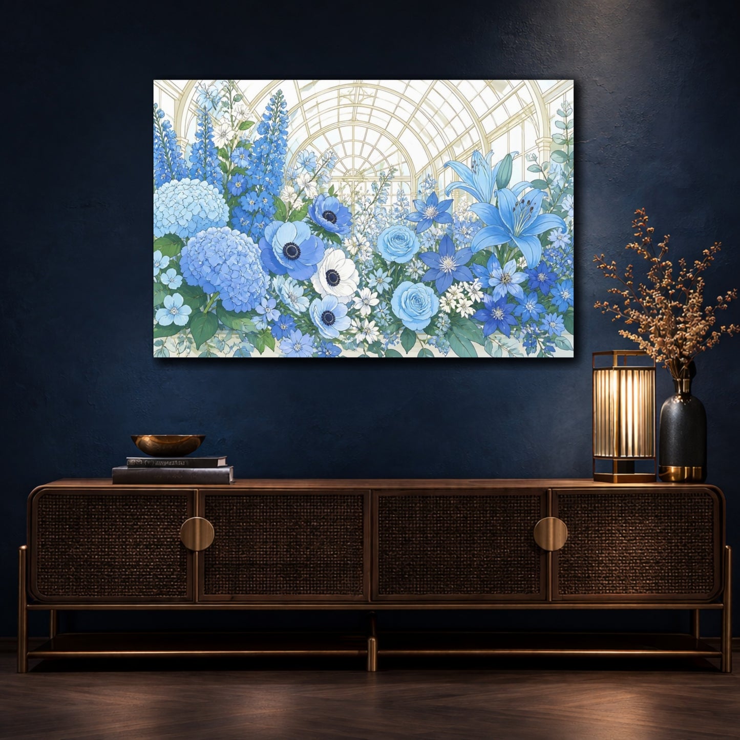 Mockup 4. Blue Floral Conservatory shown as canvas print