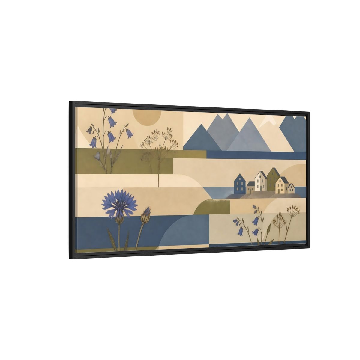 Side Mockup 5. Blue Flower Coastal Collage shown as framed canvas print