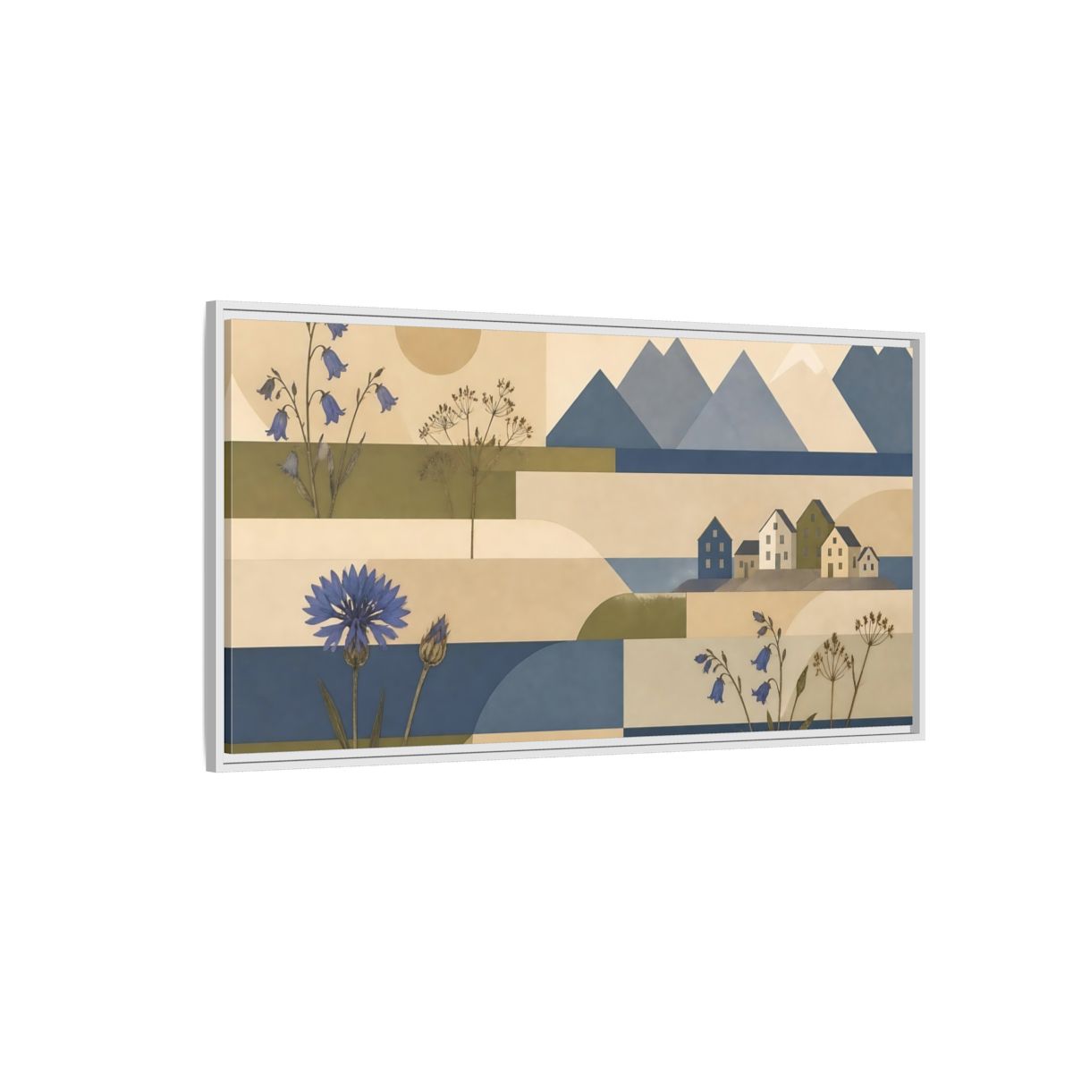 Side Mockup 3. Blue Flower Coastal Collage shown as framed canvas print