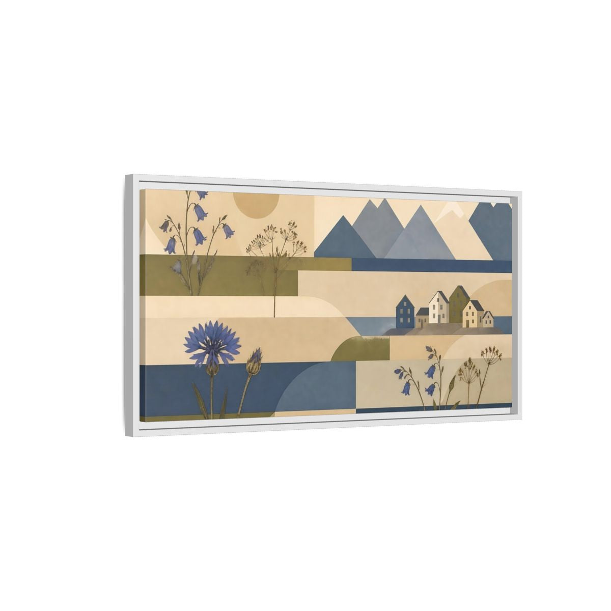 Side Mockup 1. Blue Flower Coastal Collage shown as framed canvas print