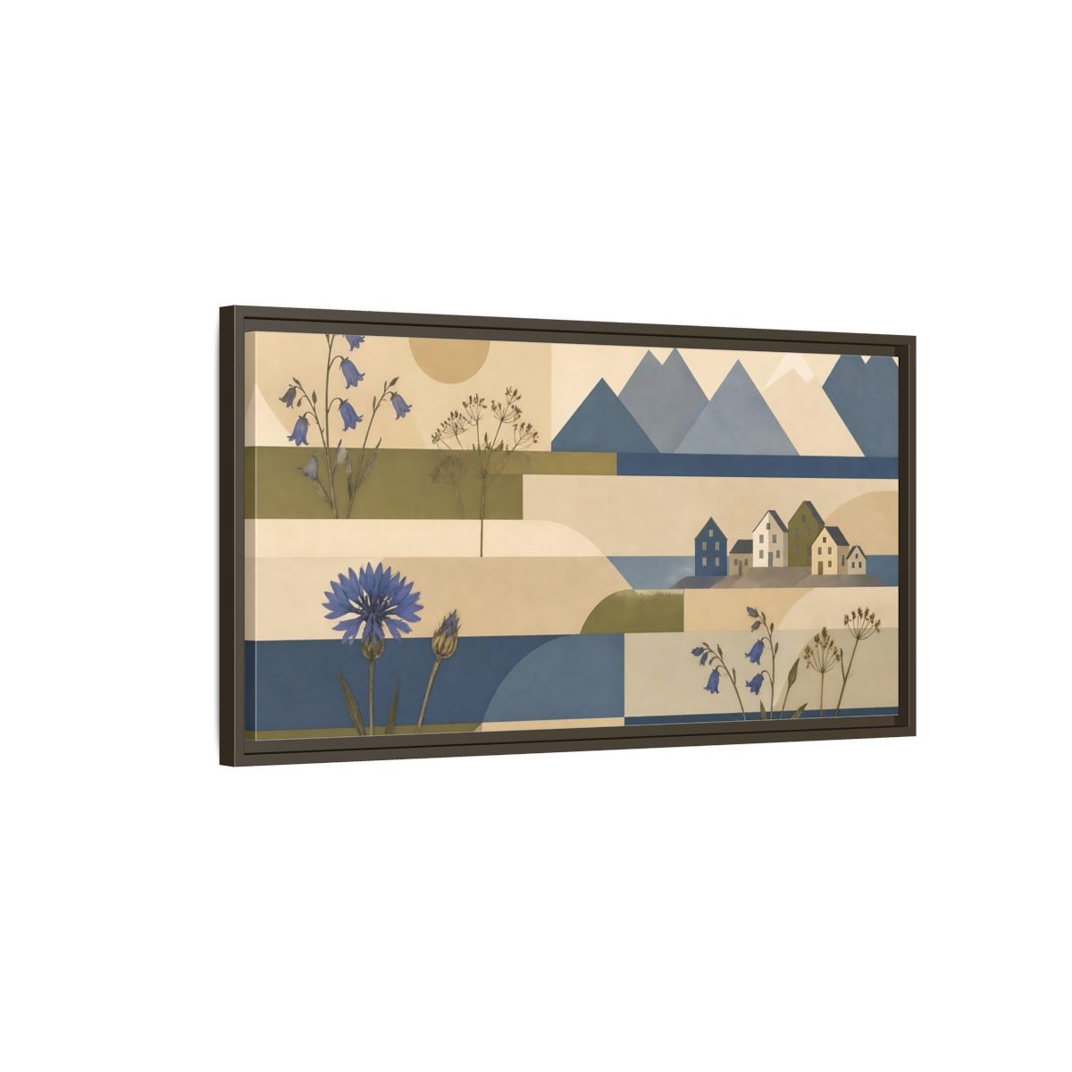 Main Mockup. Blue Flower Coastal Collage shown as framed canvas print