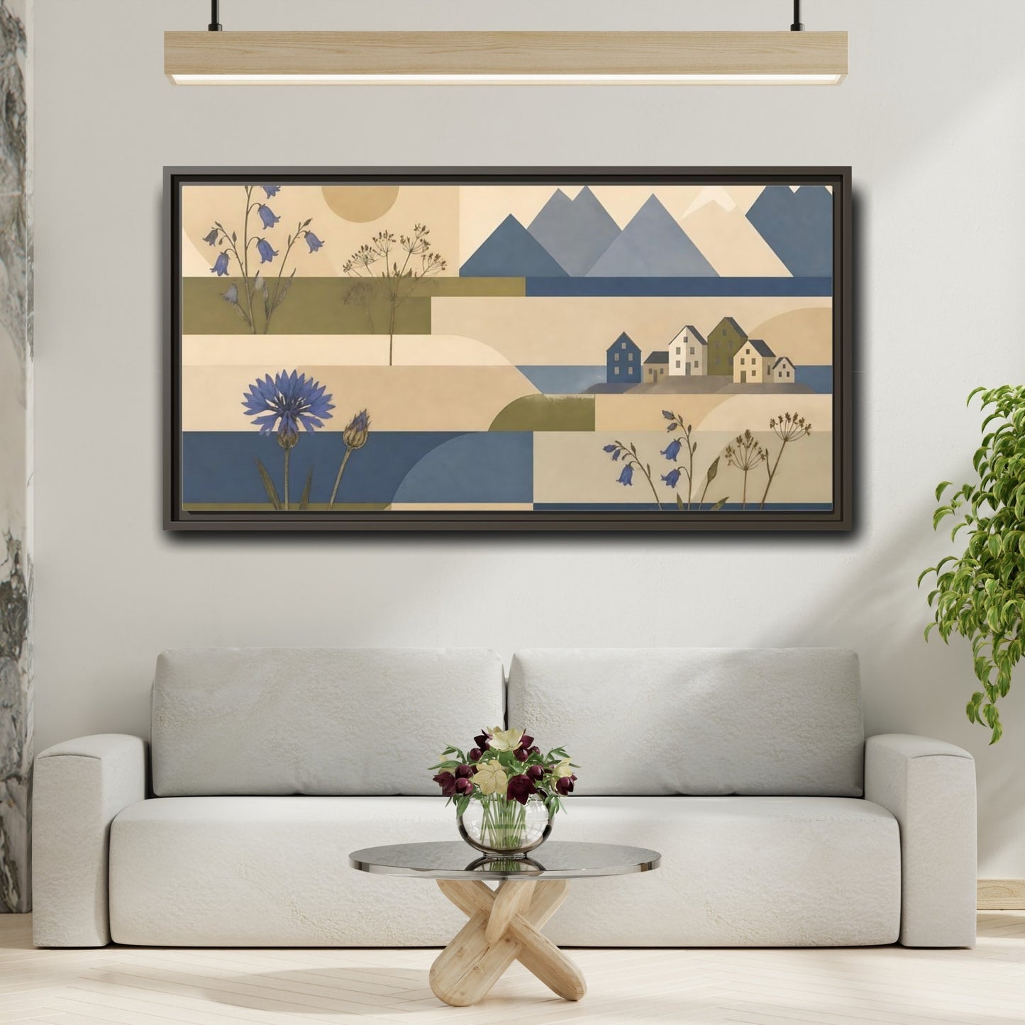 Mockup 2. Blue Flower Coastal Collage shown as framed canvas print