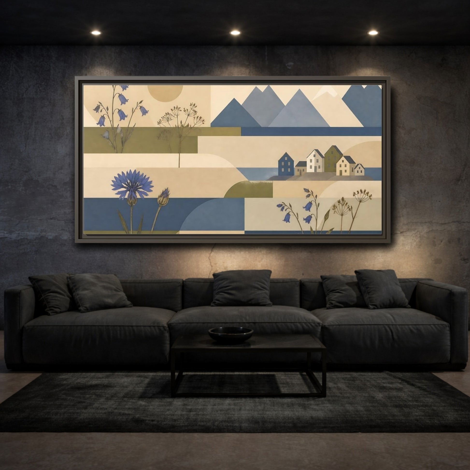 Mockup 3. Blue Flower Coastal Collage shown as framed canvas print