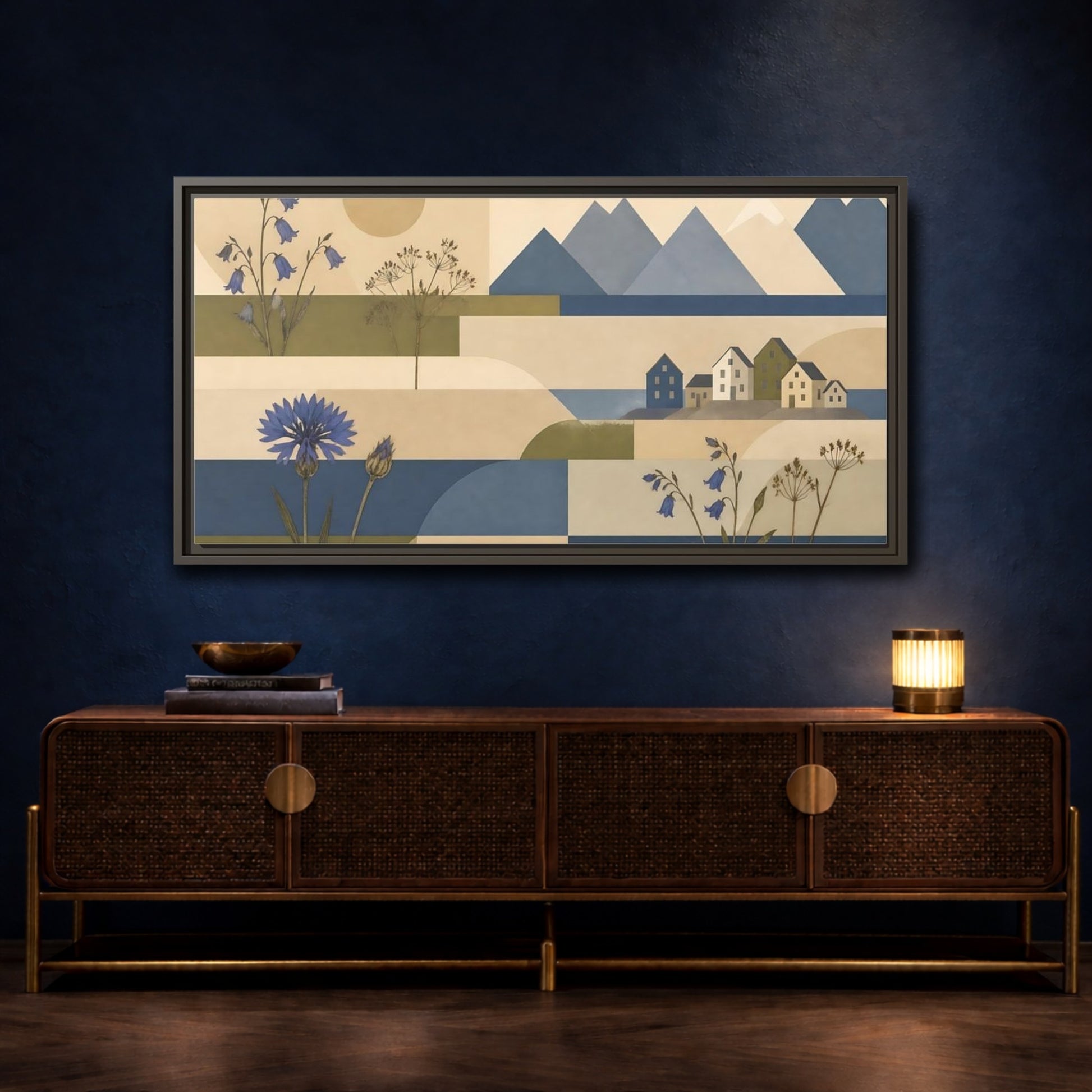 Mockup 4. Blue Flower Coastal Collage shown as framed canvas print