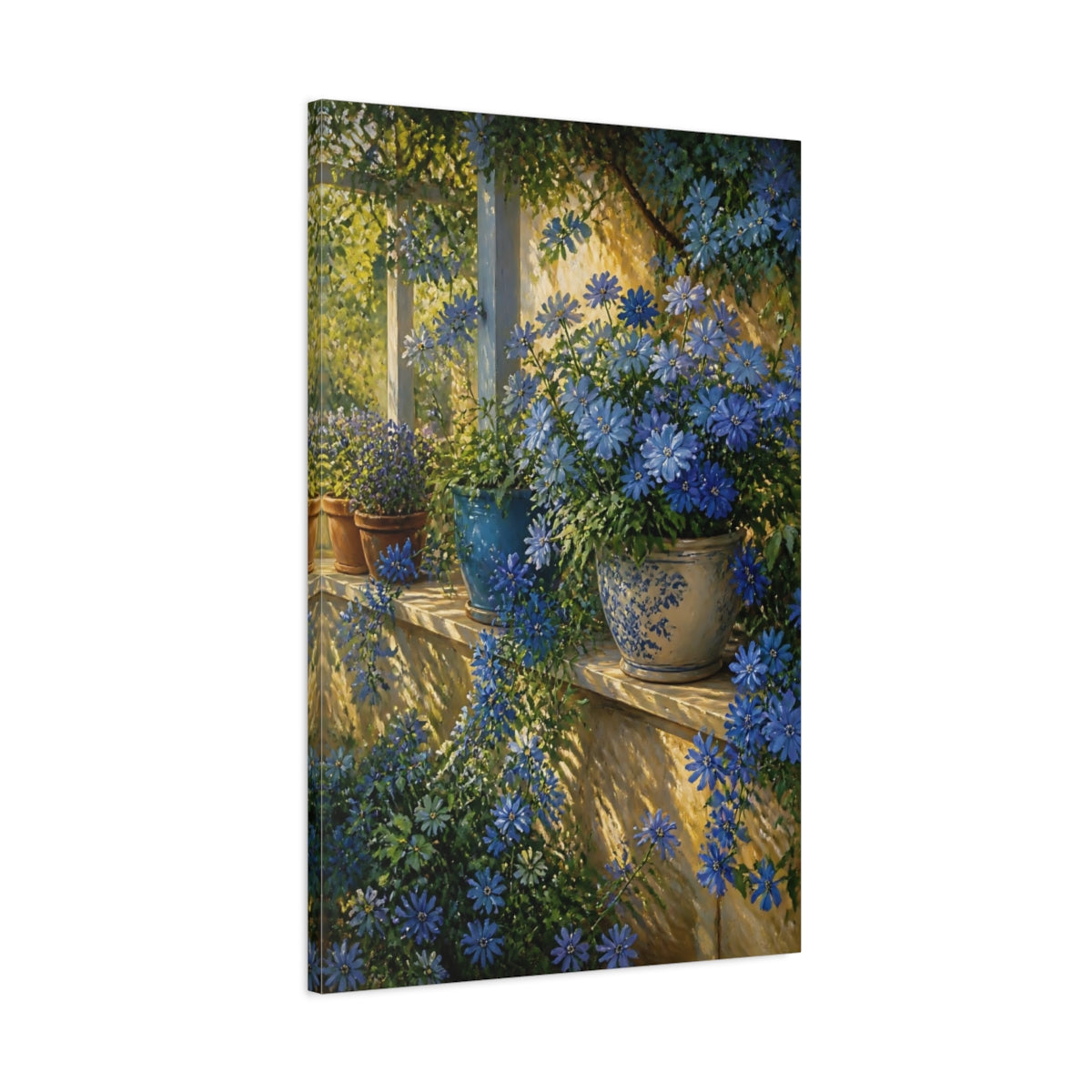 Main Mockup. Blue Flowers On Veranda Ledge shown as canvas print