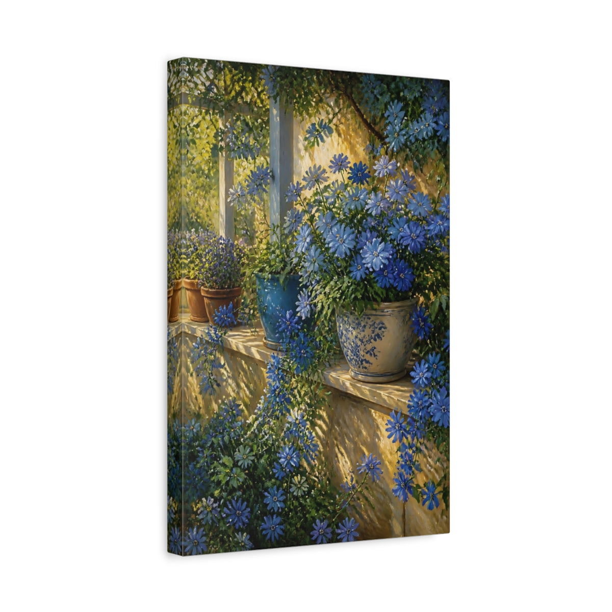 Side Mockup 4. Blue Flowers On Veranda Ledge shown as canvas print