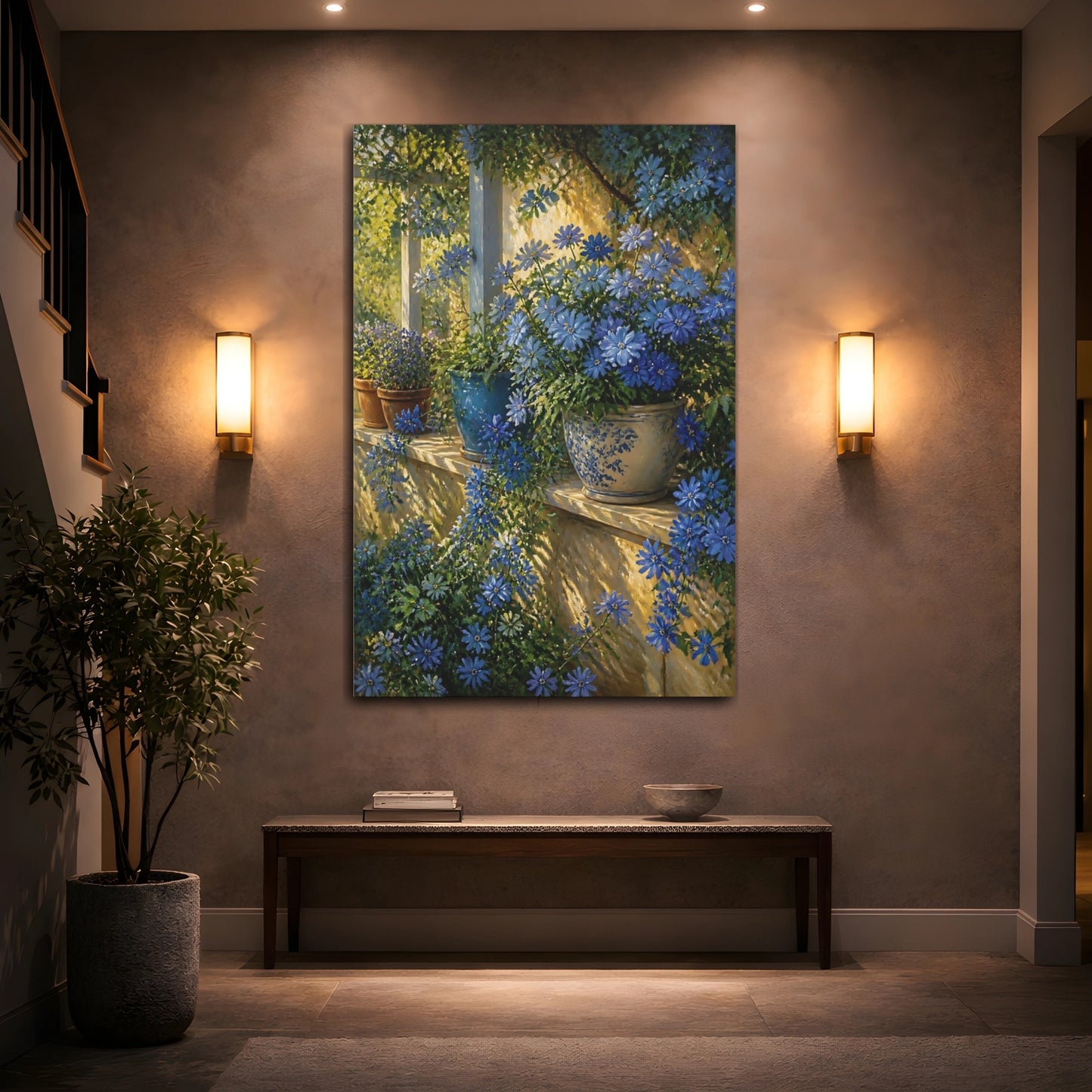 Mockup 2. Blue Flowers On Veranda Ledge shown as canvas print