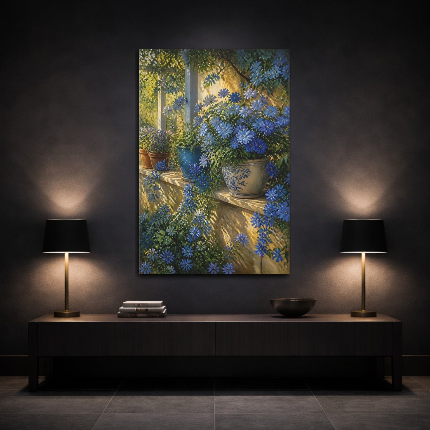 Mockup 3. Blue Flowers On Veranda Ledge shown as canvas print
