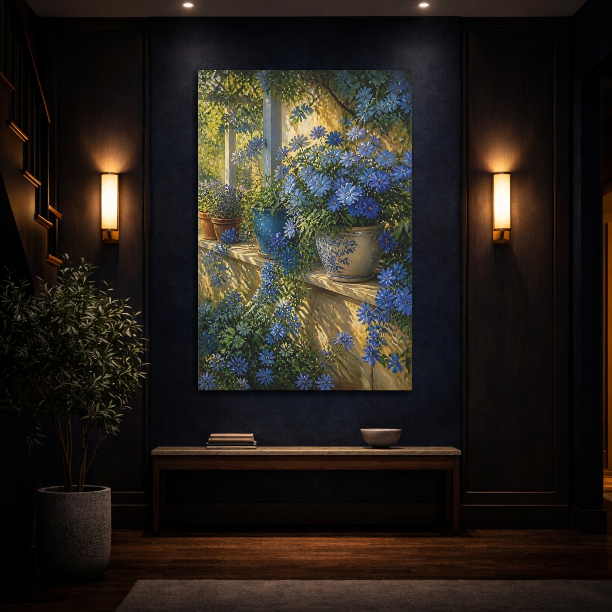 Mockup 4. Blue Flowers On Veranda Ledge shown as canvas print