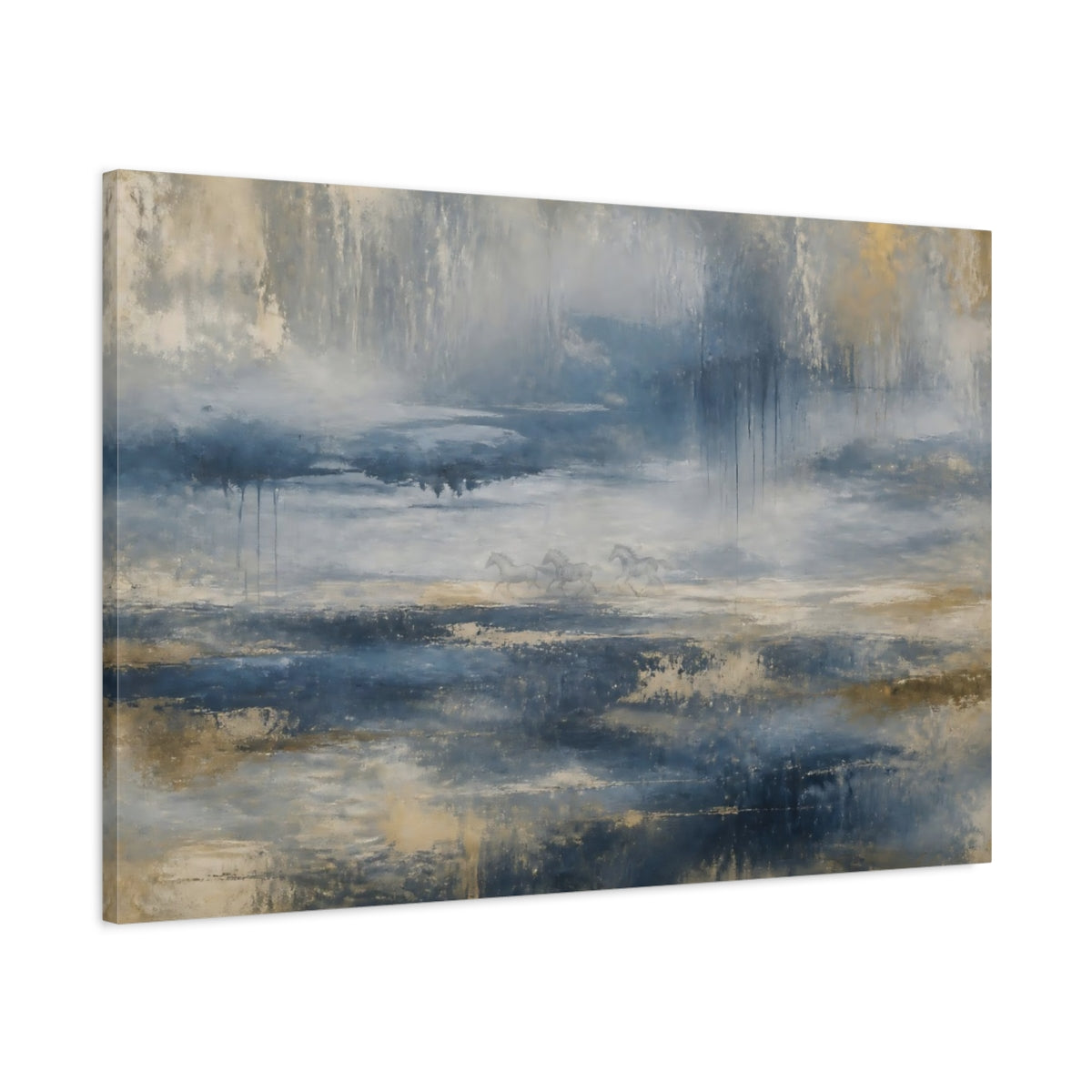 Main Mockup. Blue Gold Running Horses shown as canvas print