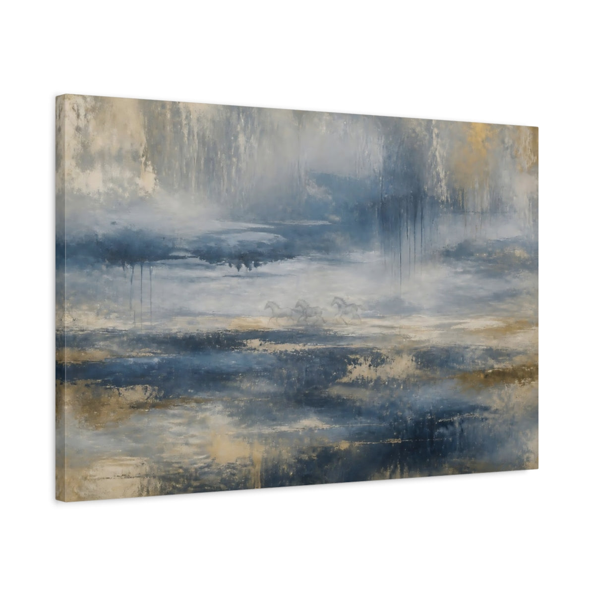 Side Mockup 2. Blue Gold Running Horses shown as canvas print