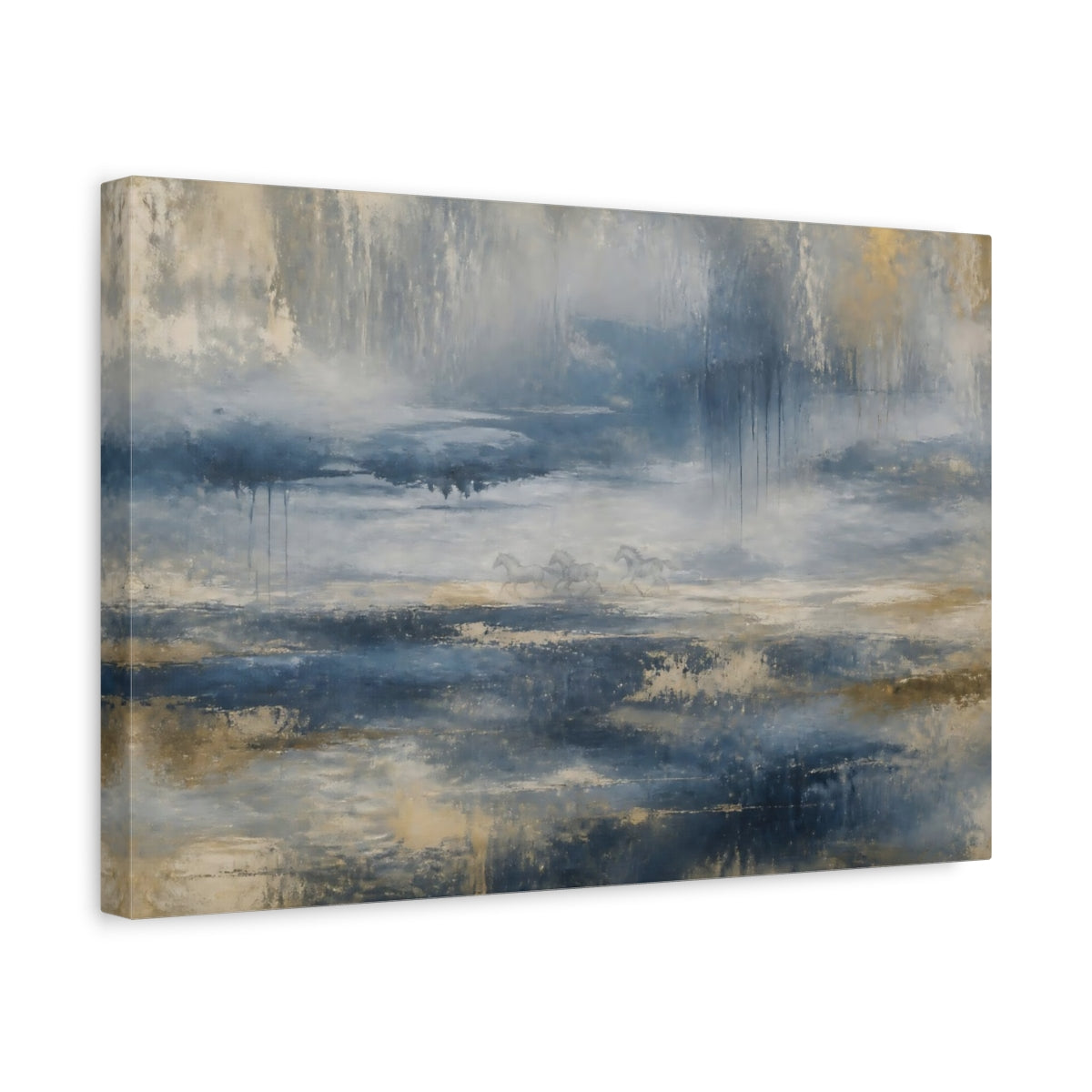 Side Mockup 4. Blue Gold Running Horses shown as canvas print