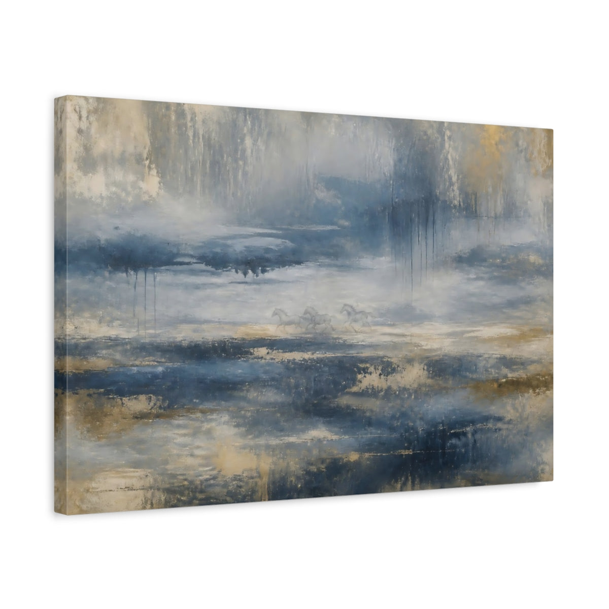 Side Mockup 3. Blue Gold Running Horses shown as canvas print